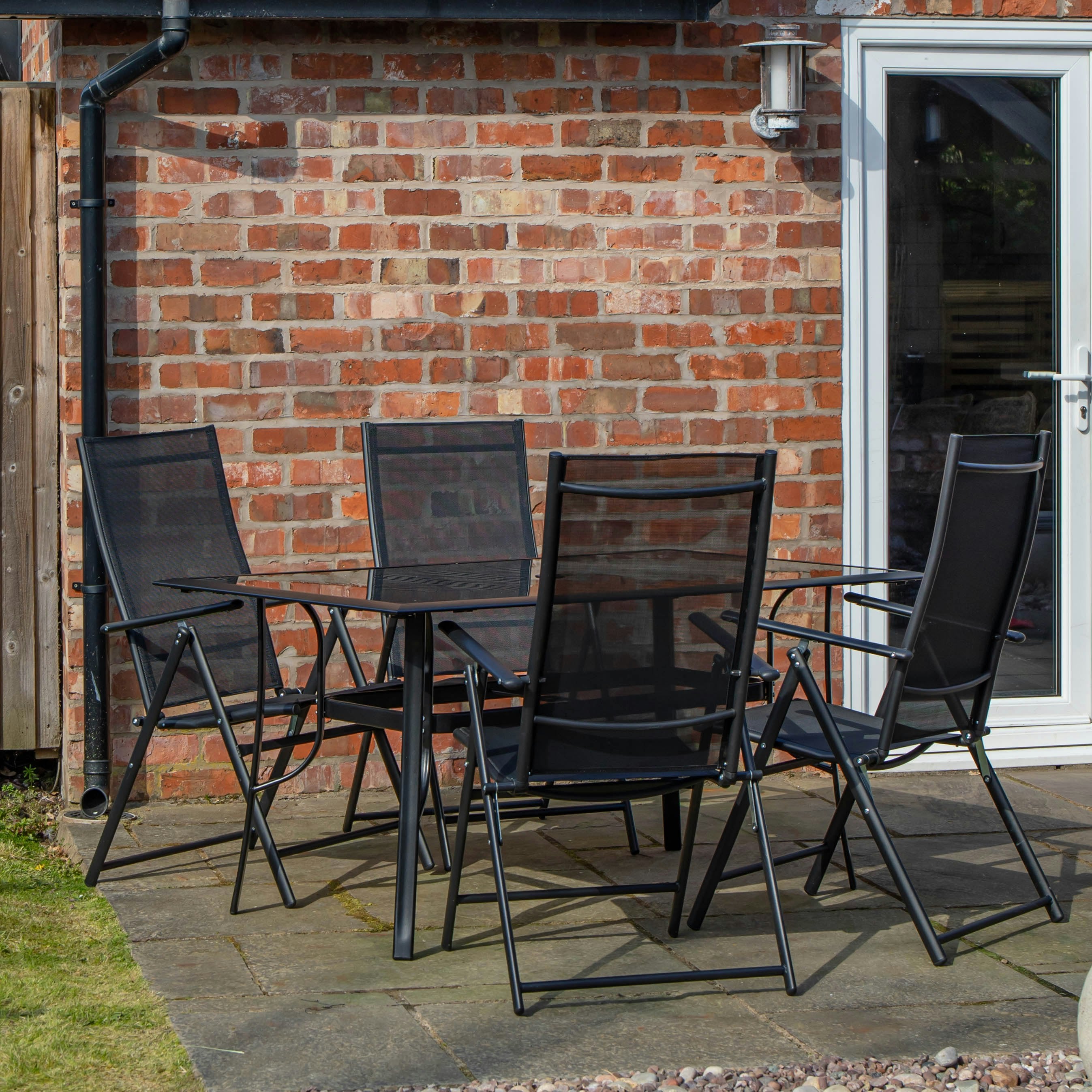 Rackhams Black Outdoor 4 Person Rectangular Glass Top Garden Patio Dining Table Chairs Set - Outdoor Furniture Sets