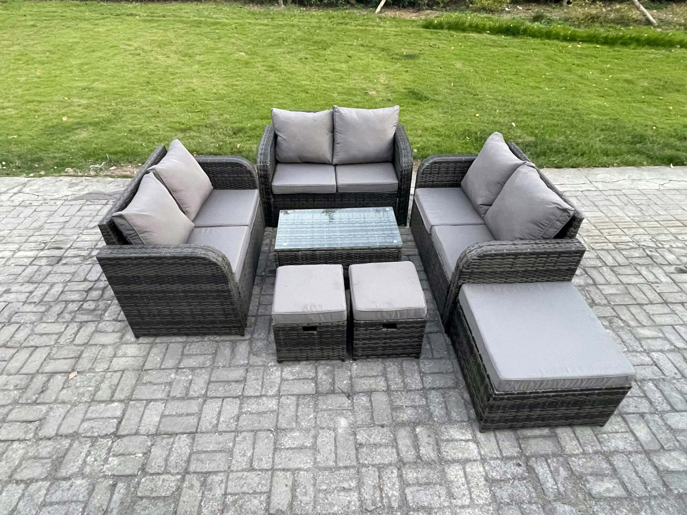 Rackhams Dark/Grey Outdoor Garden Furniture Sets 9 Seater Wicker Rattan Furniture Sofa Sets With Rectangular Coffee Table Love Sofa 3 Footstools Mixed