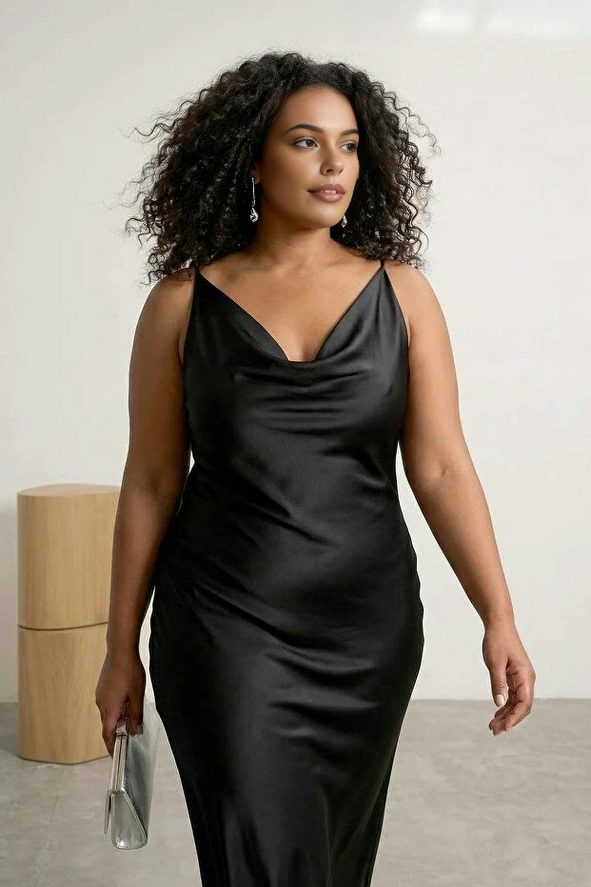Wovcor Black Midi V-Neck Satin Woven Plus Size Dress - 18