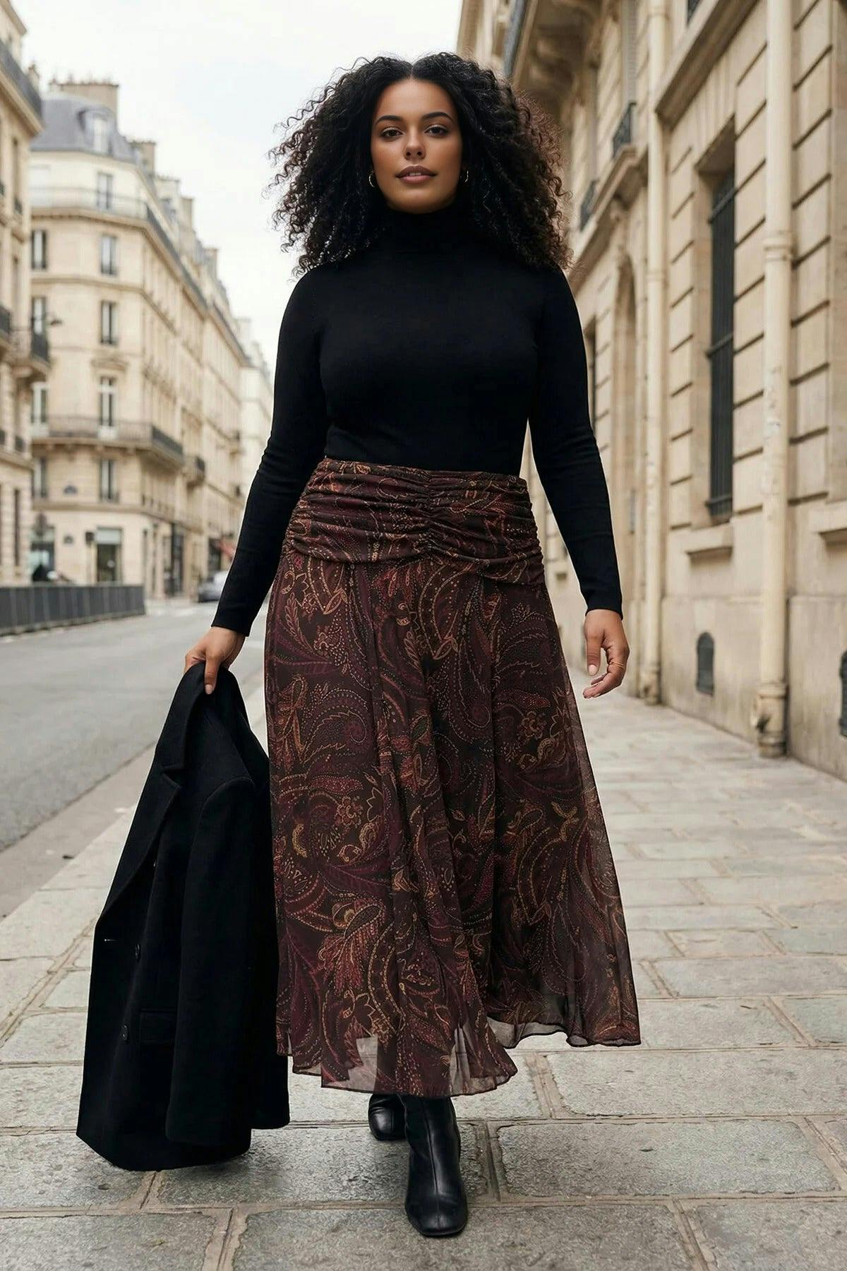 Wovcor Draped Boho Chic Printed Tulle Stretch Knit Skirt - Multi - Xl