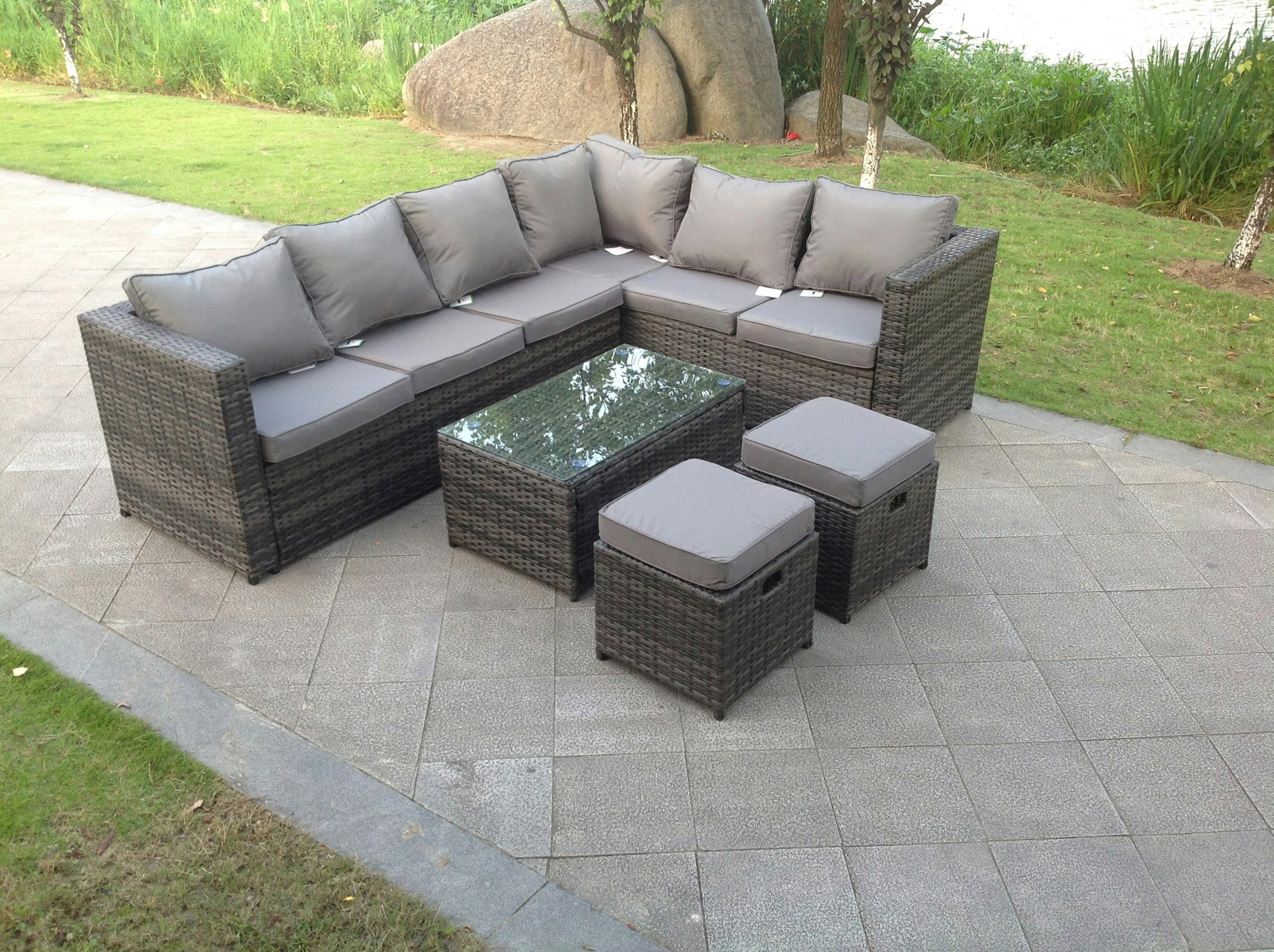 Rackhams 8 Seater Rattan Corner Sofa Set Coffee Table Stool Garden Furniture Outdoor