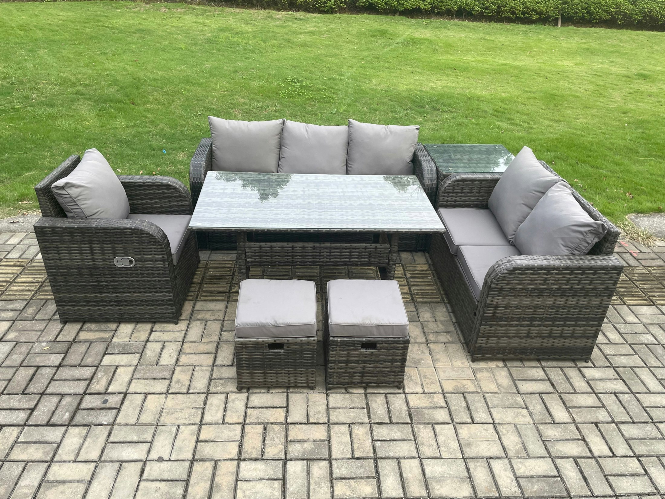 Fimous Dark/Grey 8 Seater Garden Rattan Furniture Dining Table Sofa Set Indoor Outdoor With Reclining Chairs Side Table 2 Small Footstools Mixed