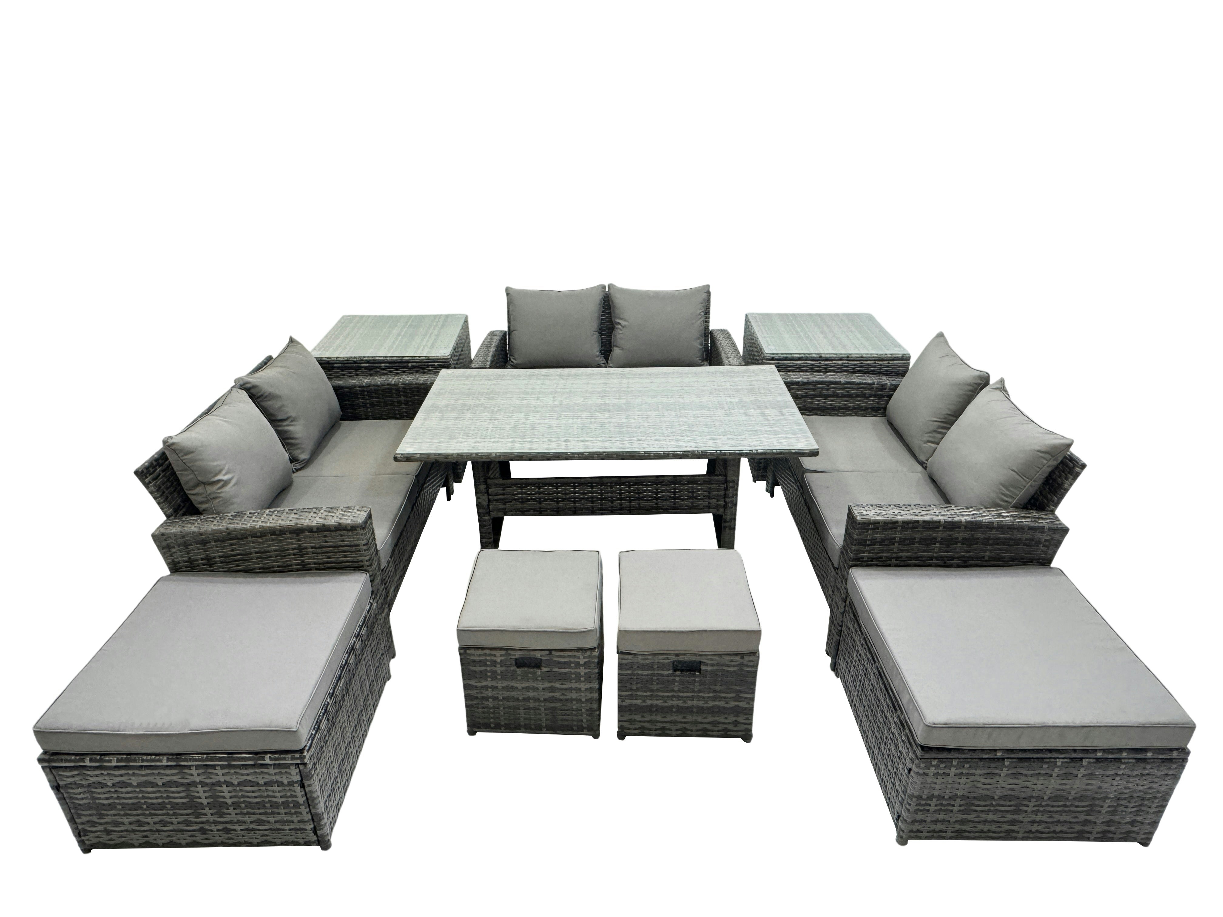 Fimous Dark/Grey 10 Seater Wicker Pe Rattan Furniture Outdoor Dining Table Double Seat Sofa 2 Side Tables 4 Stools Set Mixed