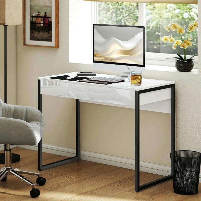 Homcom Unisex White Modern Home Office Desk With High Gloss Drawers Finish Black Size 2 - Image 5