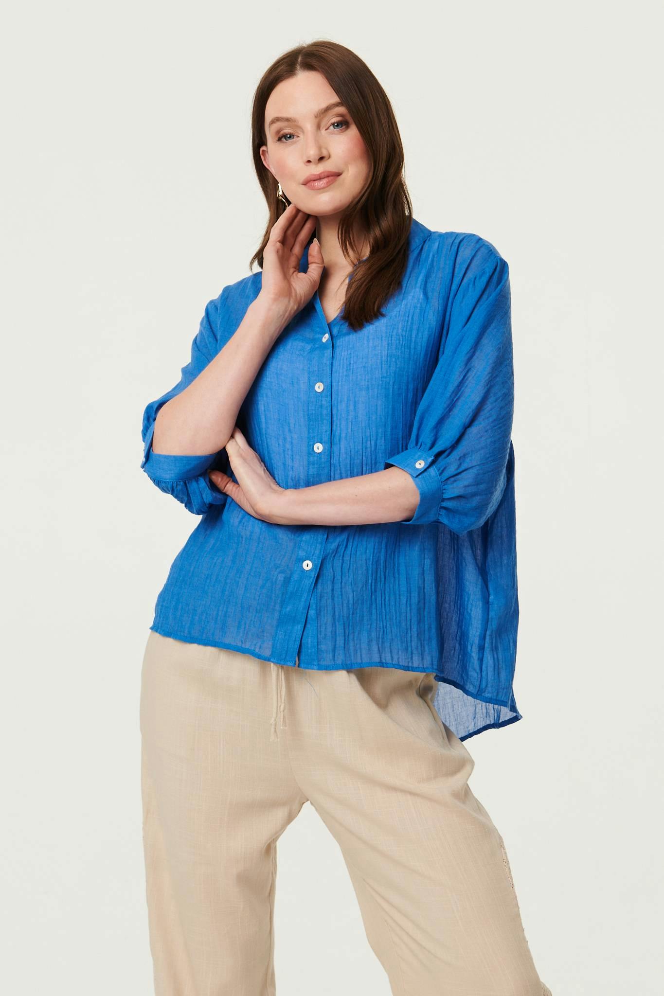 Izabel London Blue Collarless Button Back 3/4 Sleeve Blouse - 14