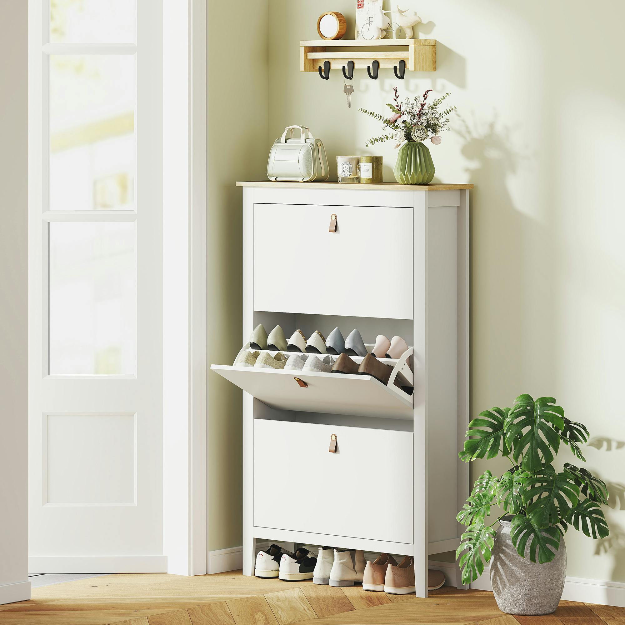 HOMCOM Shoe Cabinet - 3 Flip Down Drawers - White - Image 5