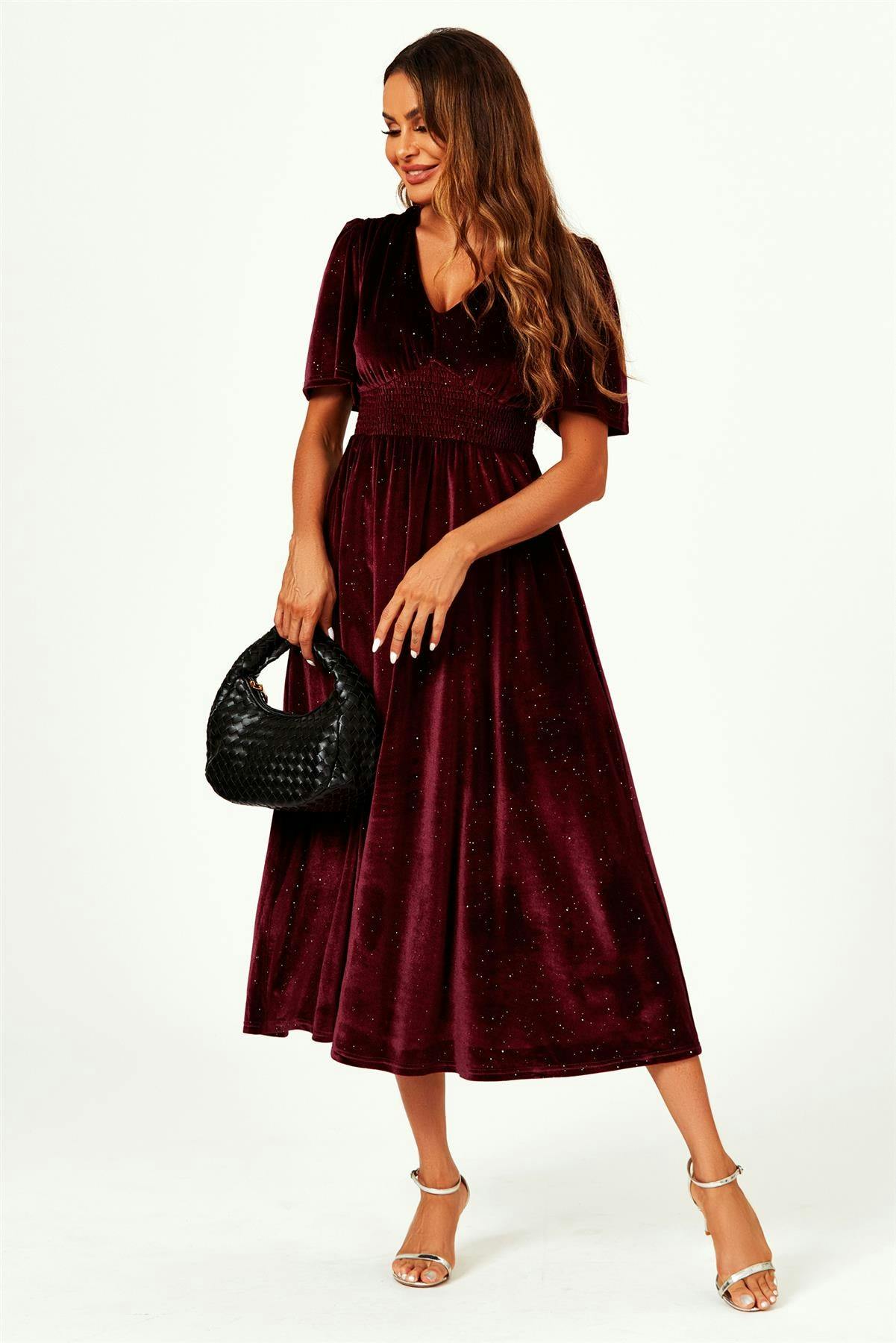 Fs Collection V Neck Velvet Midi Dress In Wine - M - Wine