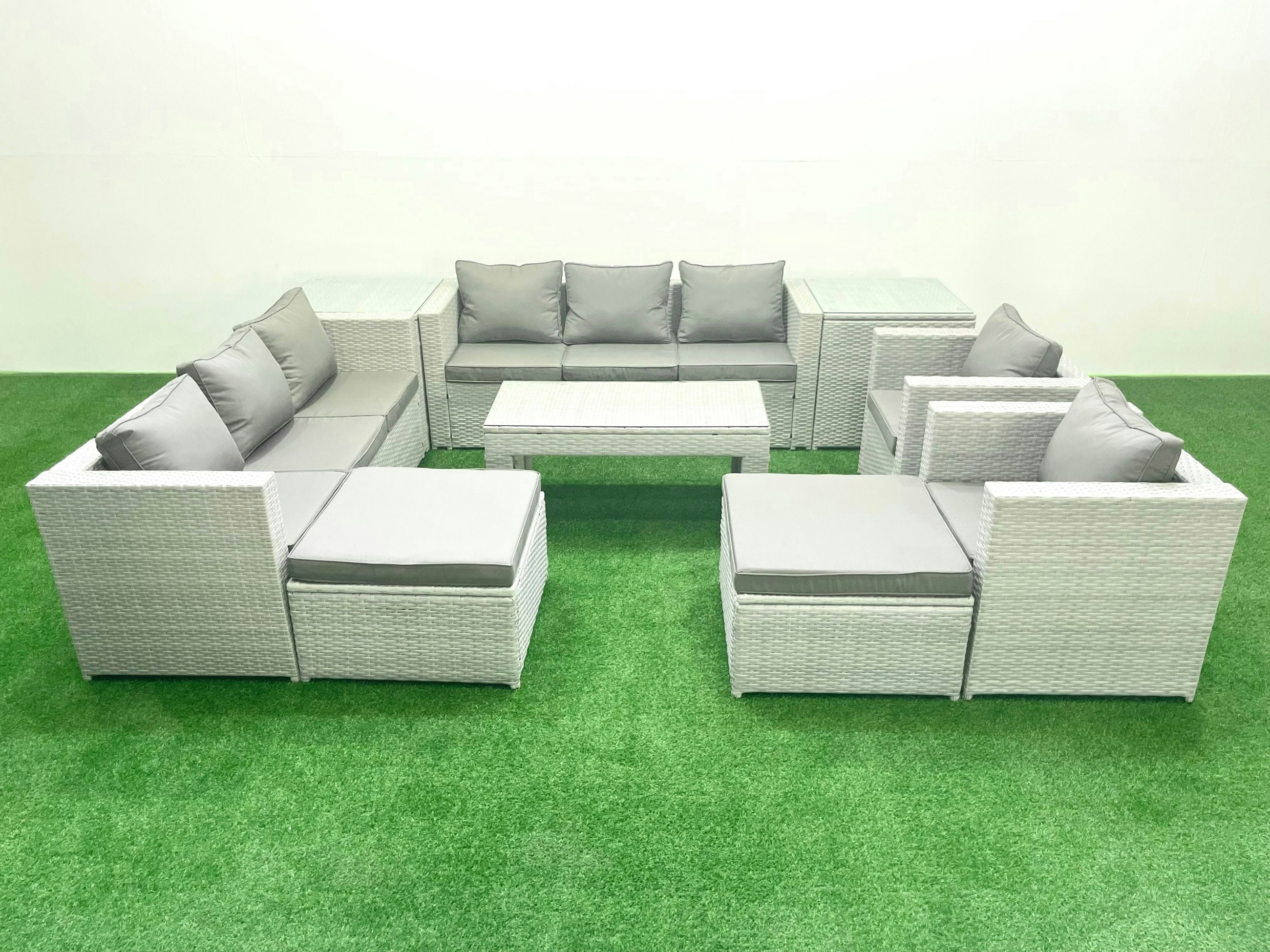 Fimous Light/Grey Outdoor Garden Furniture Rattan Sofa Set With 2 Armchairs Oblong Coffee Table 2 Big Footstools 2 Side Tables Mixed