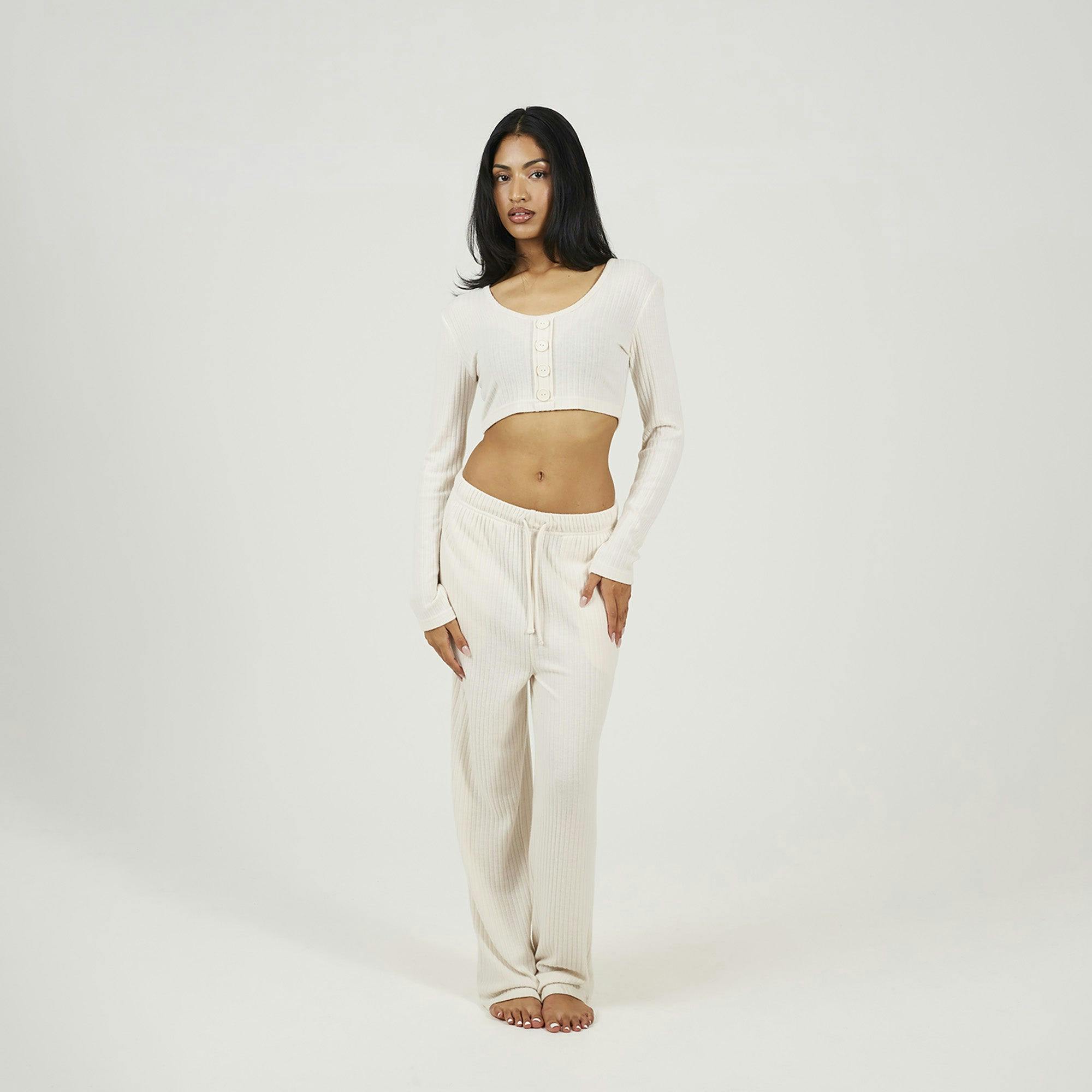 Brave Soul Women's Cropped Long Sleeve & Wide Leg Lounge Set in Ivory | Size: Small - Image 2
