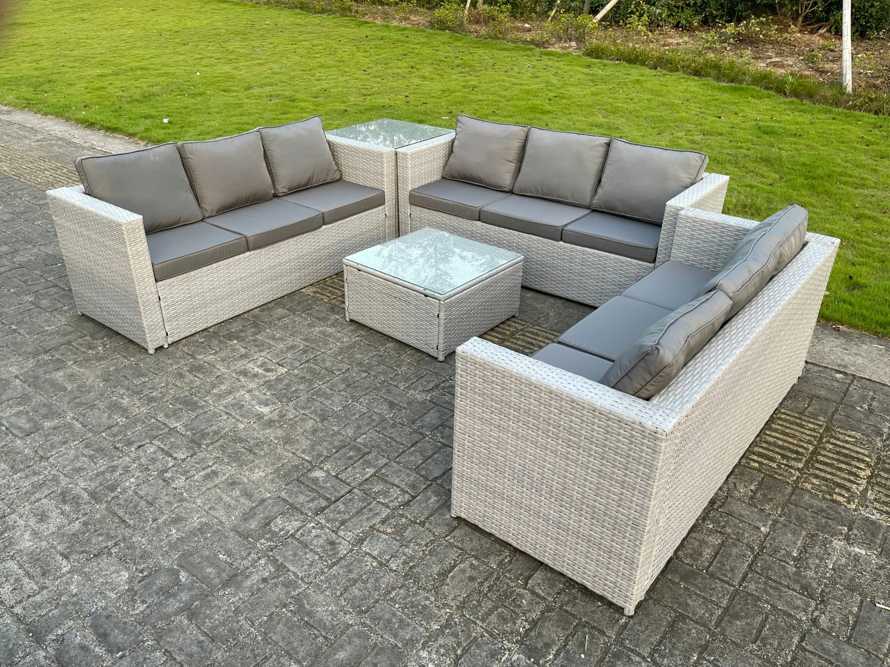 Rackhams Light/Grey Lounge Outdoor Pe Rattan Garden Furniture Set Pe Wicker Sofa Set Square Coffee Table Side Table 6 Seater