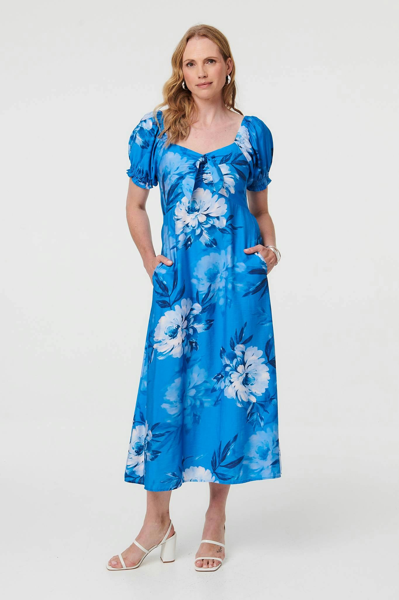 Izabel London Blue Floral Puff Sleeve Tie Front Midi Dress - 10
