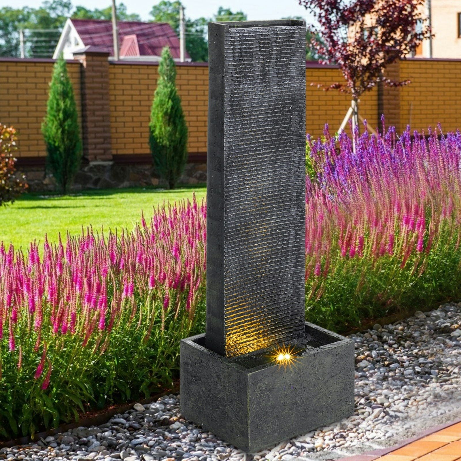 Rackhams Black/Light 98Cm H Rectangle Waterfall Stone Look Water Fountain With Led