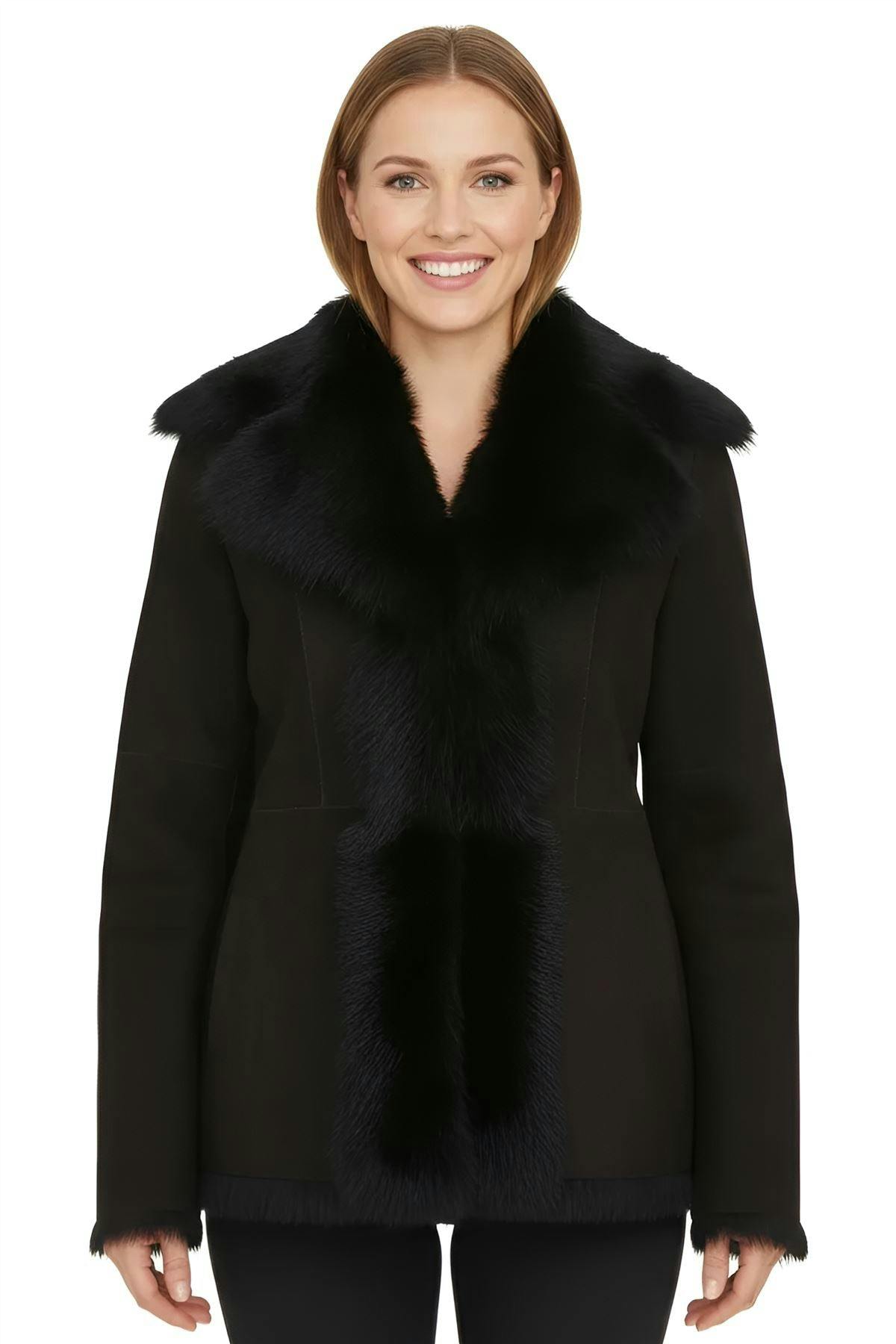 Infinity Leather Women's Black Sheepskin Toscana Shearling Suede Leather Jacket - Noiré - Uk Xl/16 | Eu 42 | Us 12