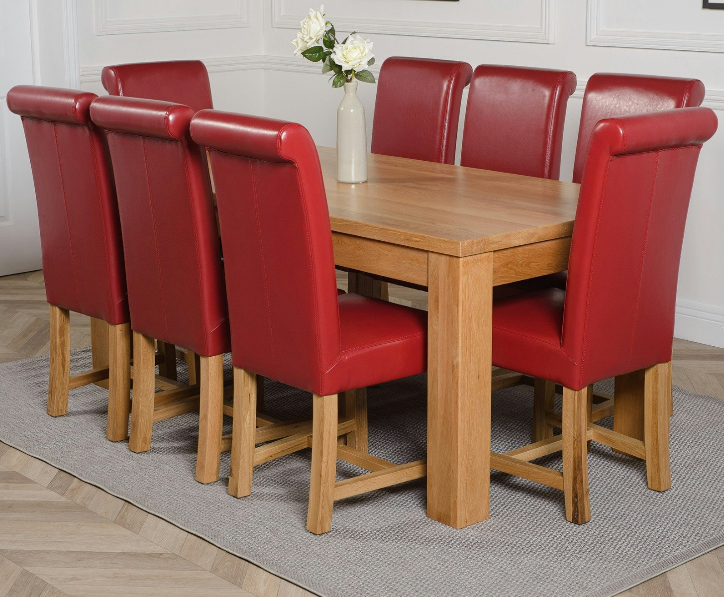Rackhams Burgundy Dakota Large Oak Dining Table With Washington Leather Chairs - 8 Chairs