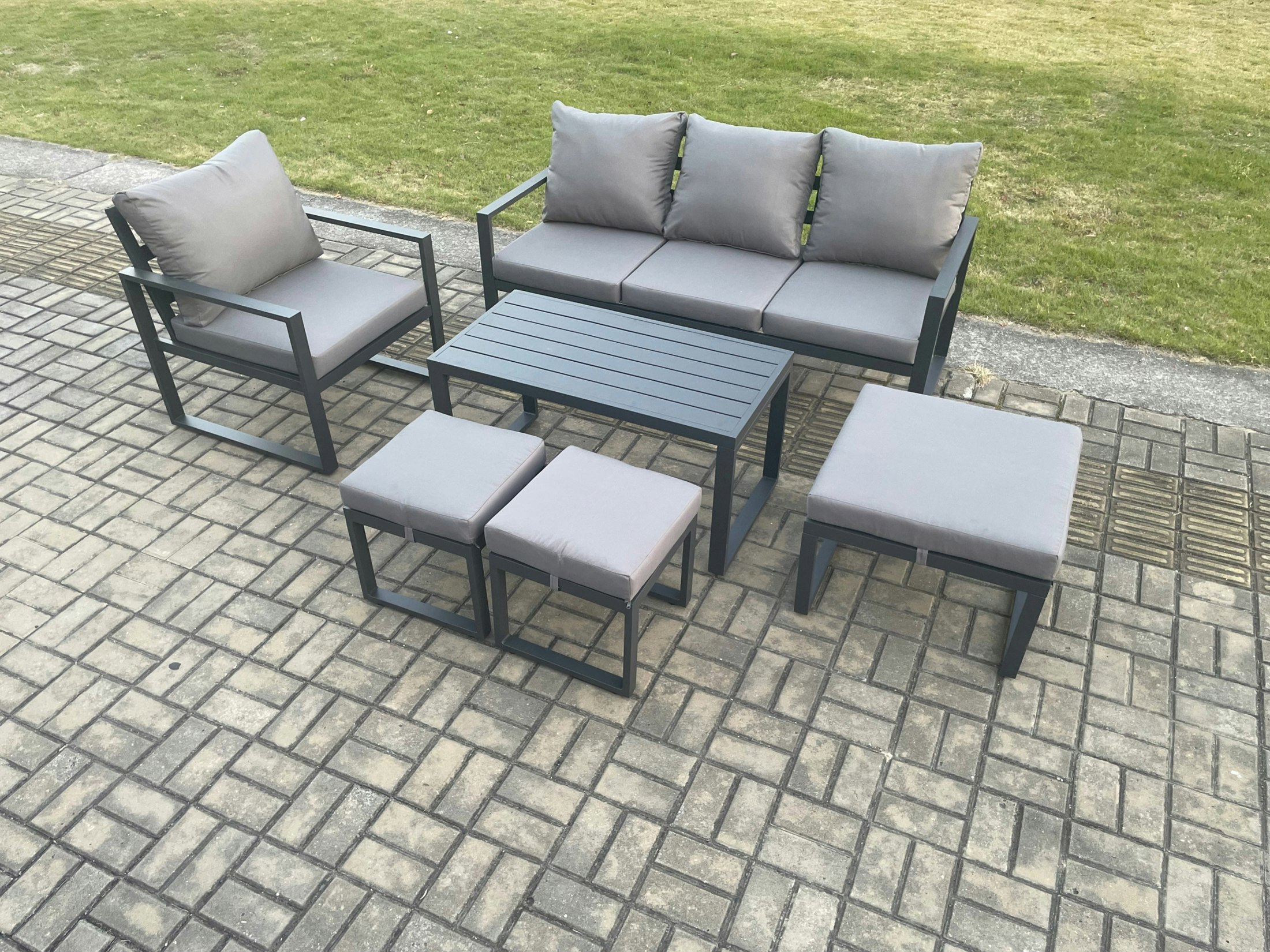 Fimous Dark/Grey Aluminium Outdoor Garden Furniture Set Patio Lounge Sofa With Oblong Coffee Table 3 Footstools Armchair