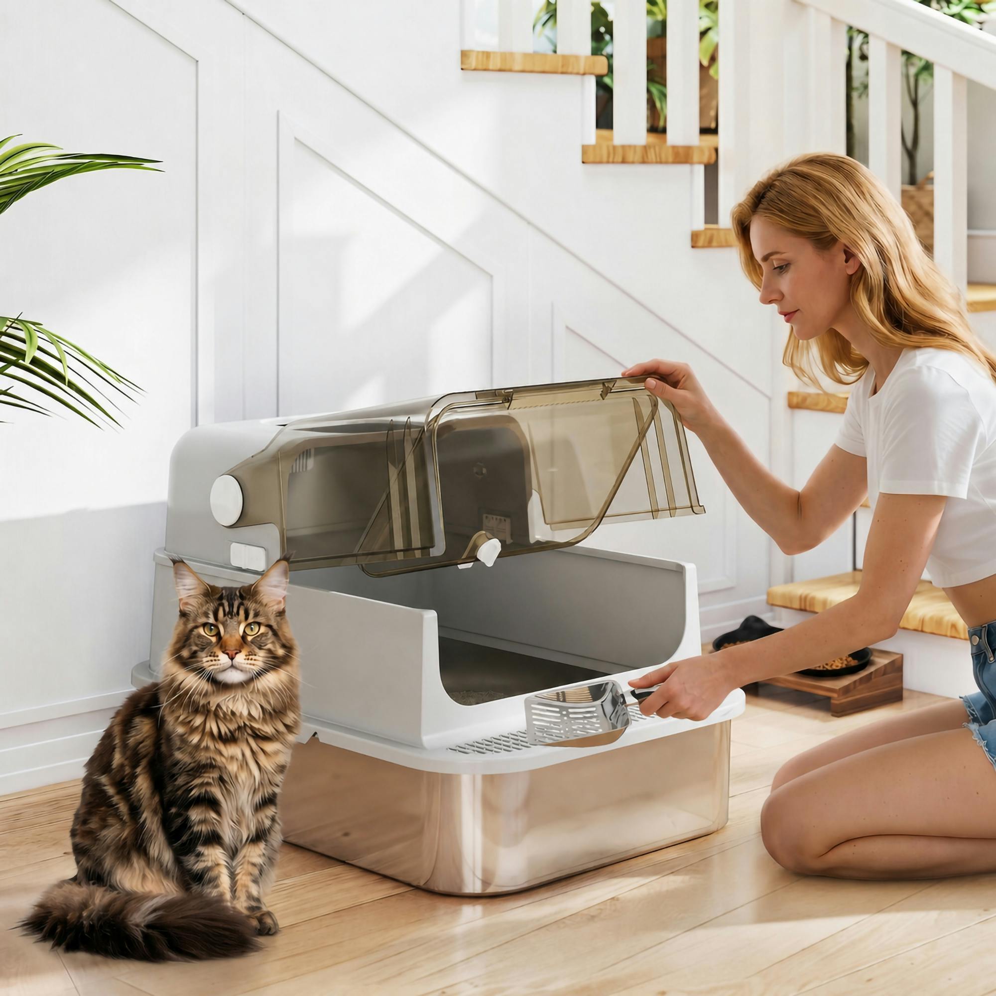 Pawhut Xxl Stainless Steel Litter Tray, Enclosed Cat Litter Box W/ Cover