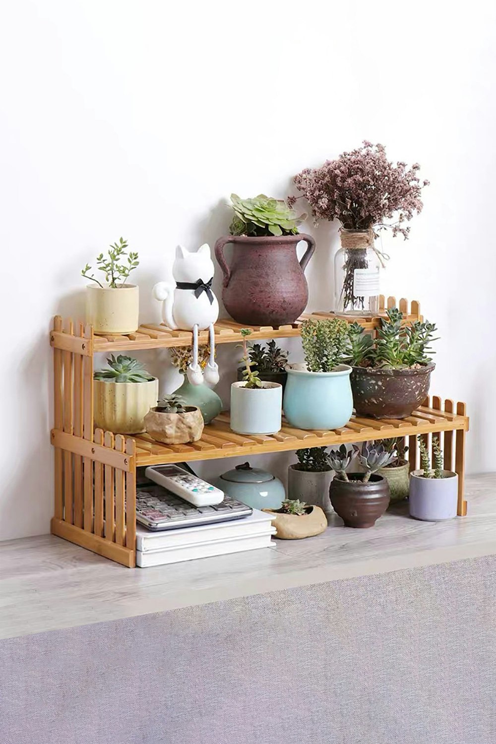 Rackhams 2 Tier Decorative Tabletop Wood Plant Stand Display Shelf - Natural