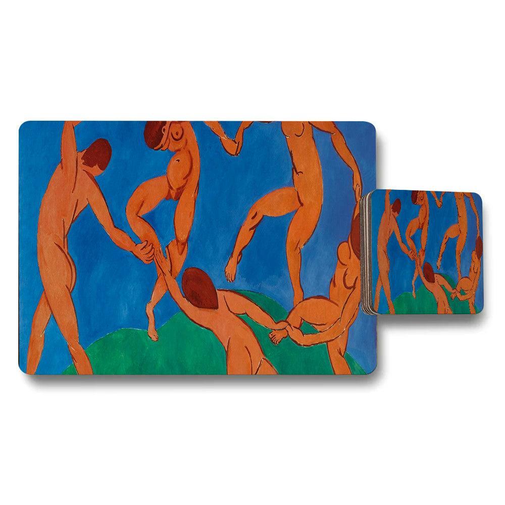 Benjamin Tate Design Orange/Blue Placemat And Coaster Set Nude Figures Art On Background
