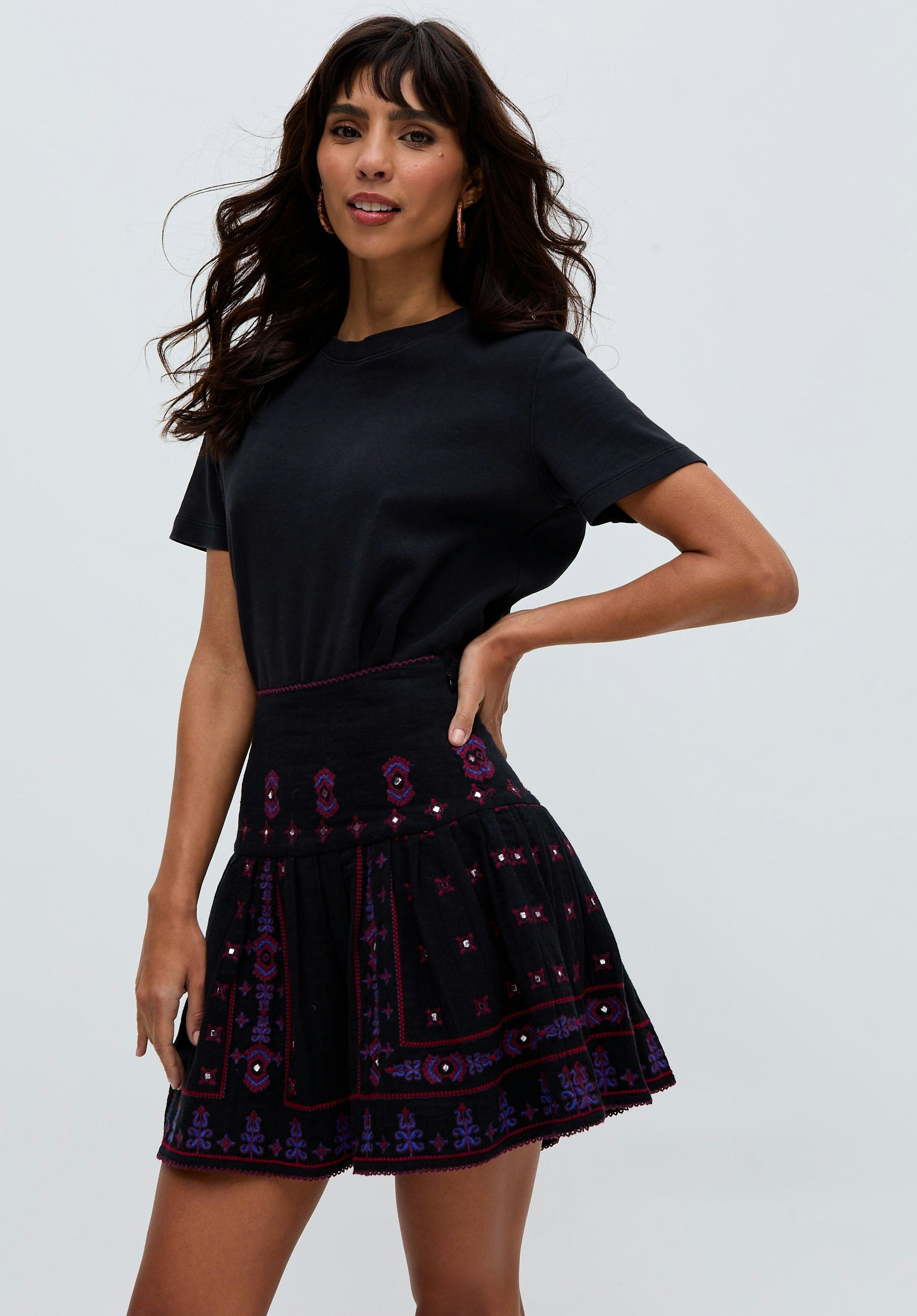 Raffya Black Issabel All Over Embroidered Mini Skirt In - Size 16