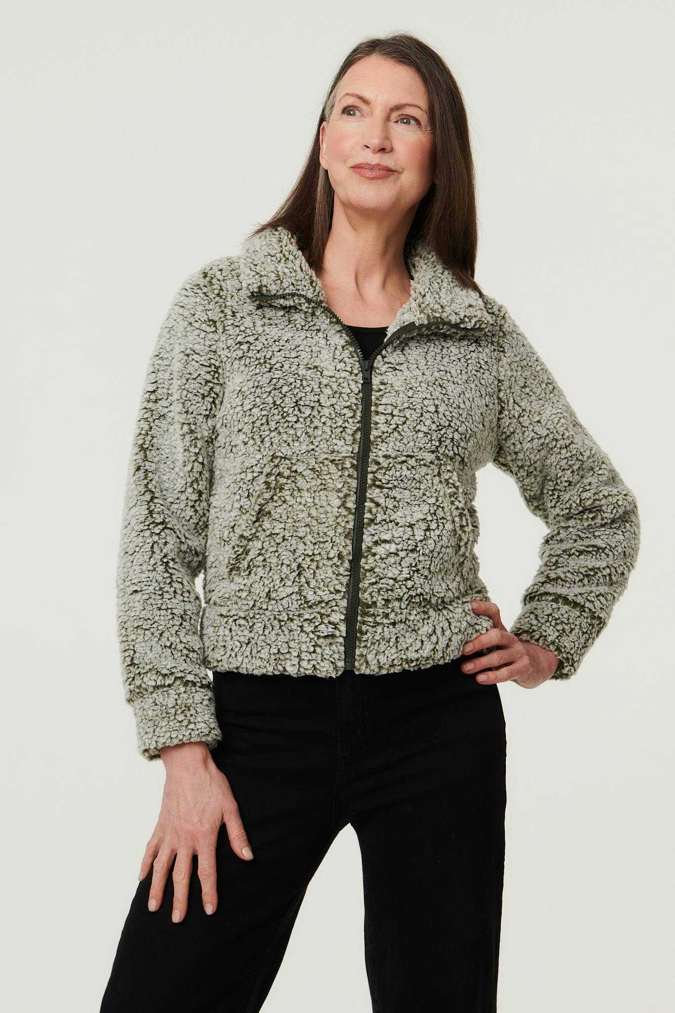 Izabel London Teddy Textured Relaxed Zip-Up Jacket - Khaki - 10