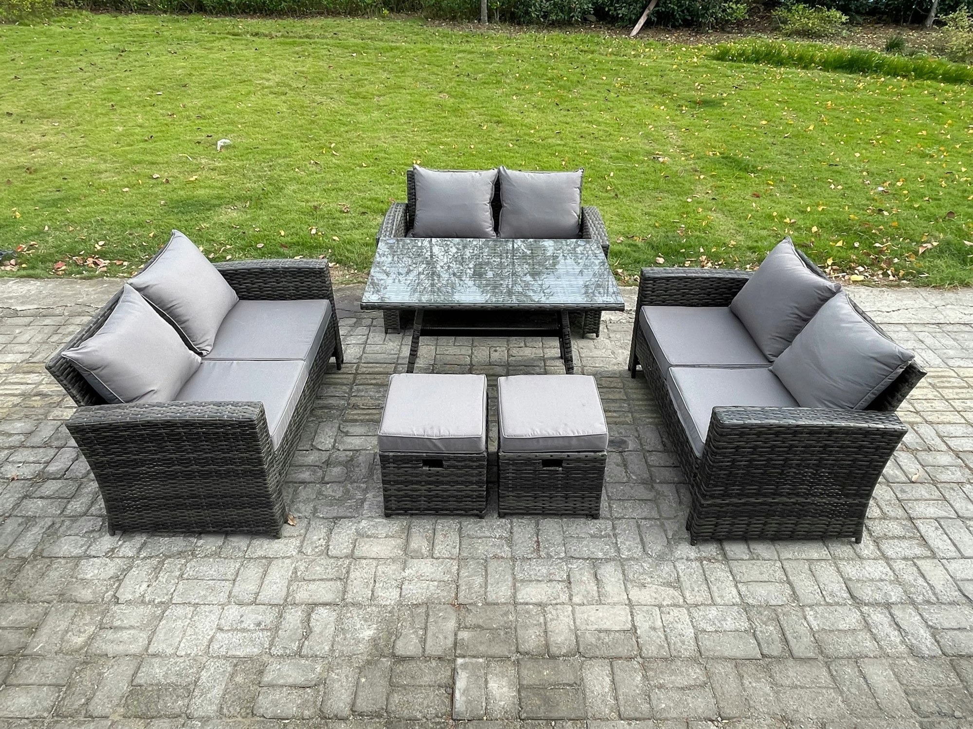 Fimous Dark/Grey Outdoor Lounge Sofa Set Wicker Pe Rattan Garden Furniture Set With Rectangular Dining Table 2 Seat Sofa 2 Small Footstools Mixed