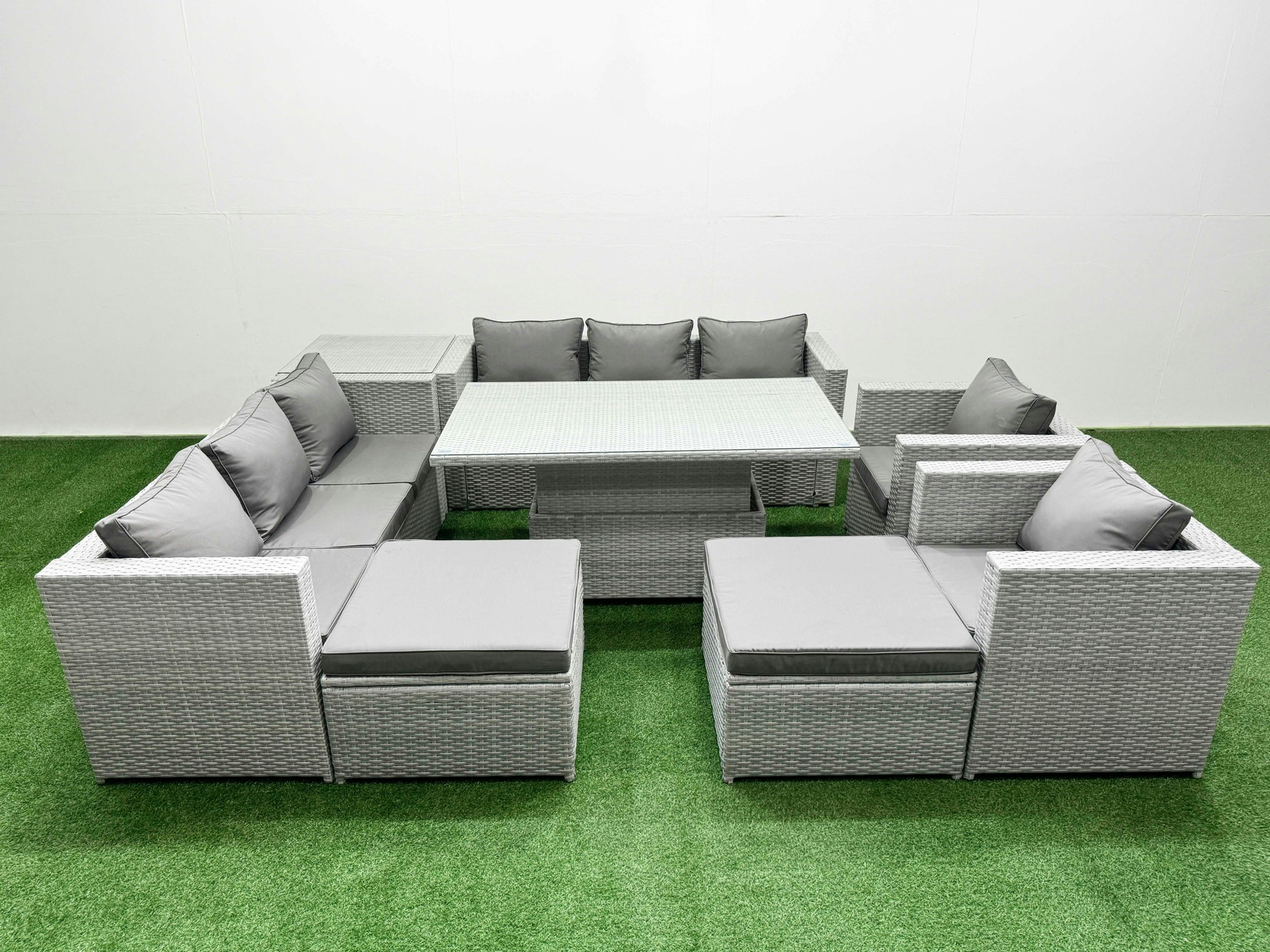 Rackhams Light/Grey 8 Pcs Rising Dining Table Set Rattan Furniture Set With 3 Seater Sofa Chair 2 Big Footstools Side Table
