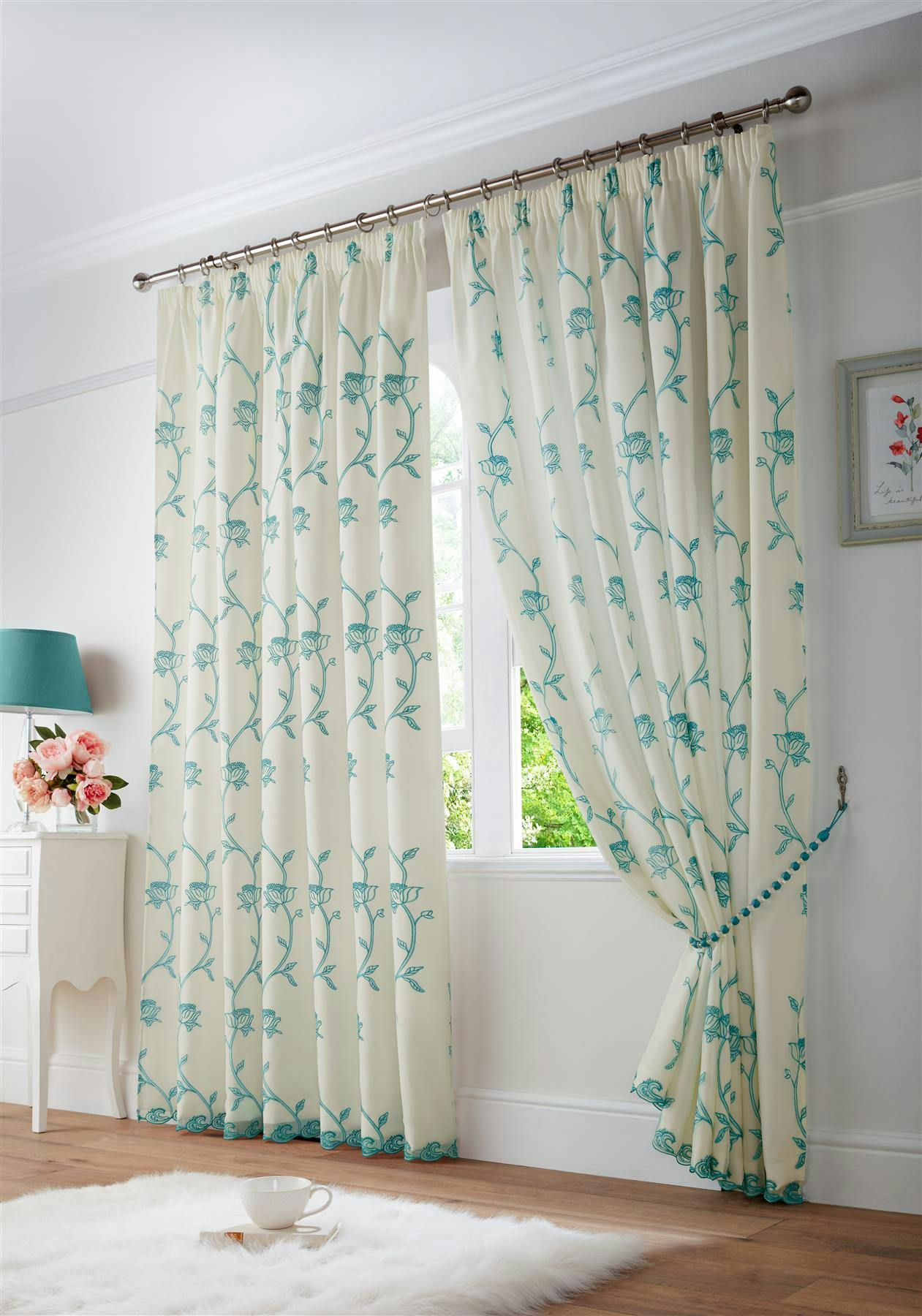Rackhams Light Exe Embroidery Voile Curtains - Teal - 148Cm Width X 229Cm Drop