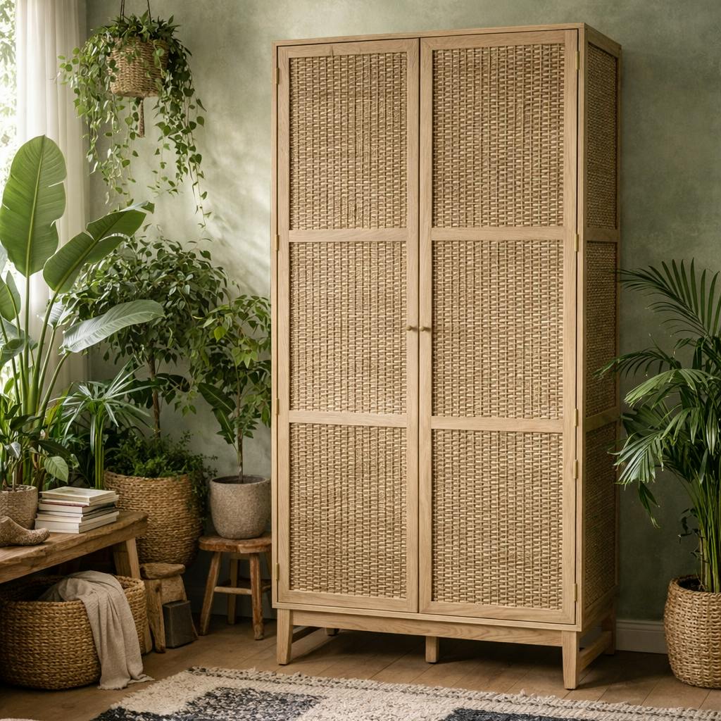 Rackhams Gold/Light Waterford Oak Wood And Rattan 2 Door Wardrobe