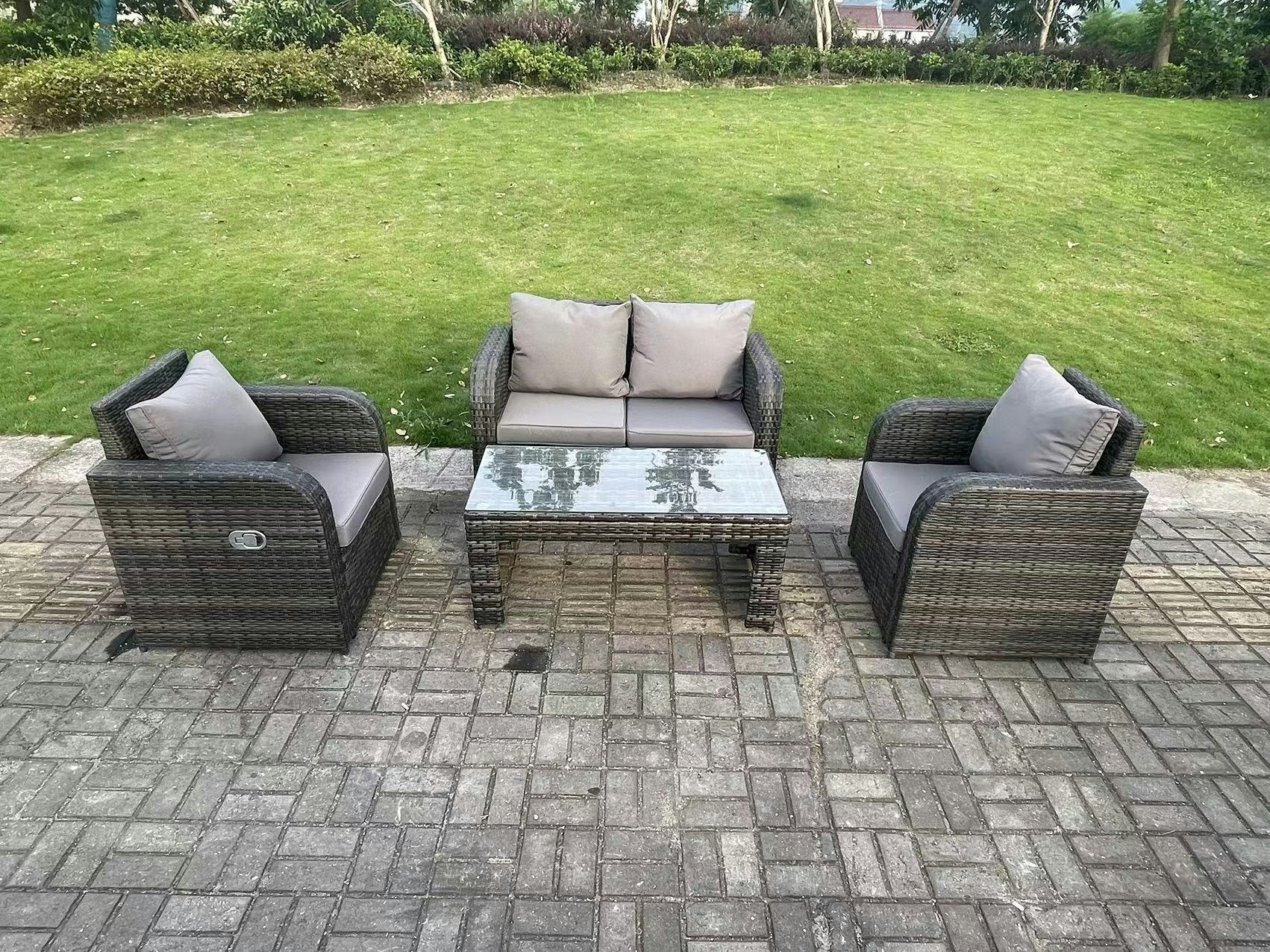 Fimous Dark/Grey Pe Wicker Rattan Garden Furniture Set Love Sofa Reclining Chair Outdoor Rectangular Coffee Table 4 Seater