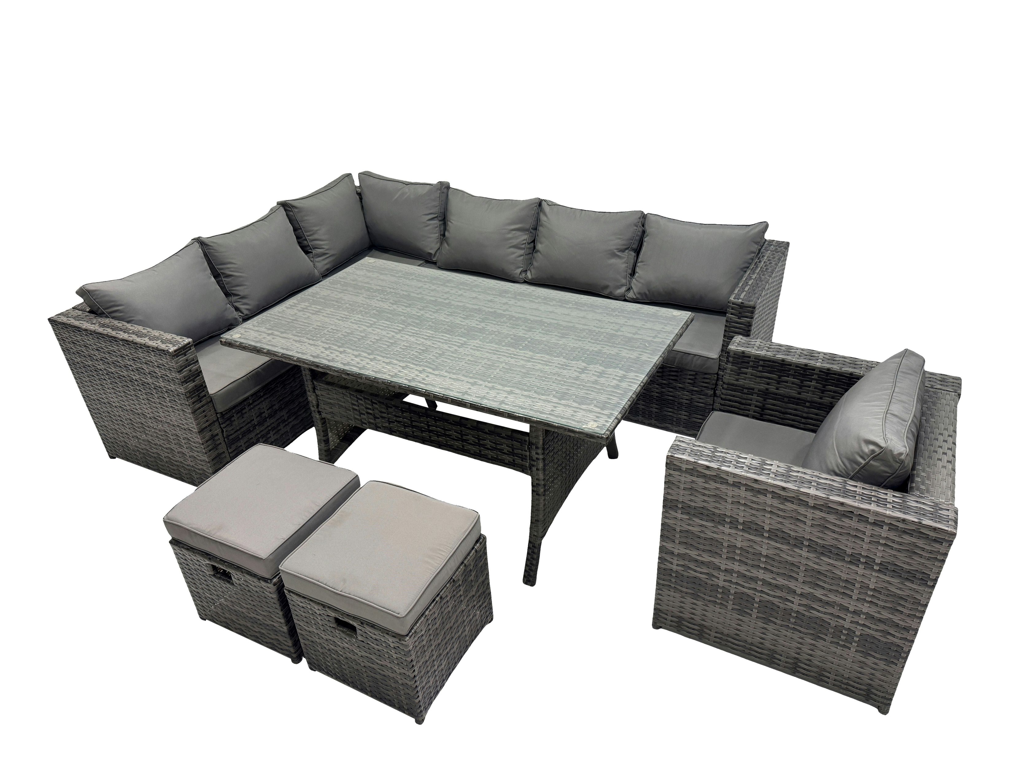 Rackhams Dark/Grey Outdoor Pe Rattan Sofa Set With Dining Table Patio Garden Furniture Sets With Chair 2 Small Stool Mixed