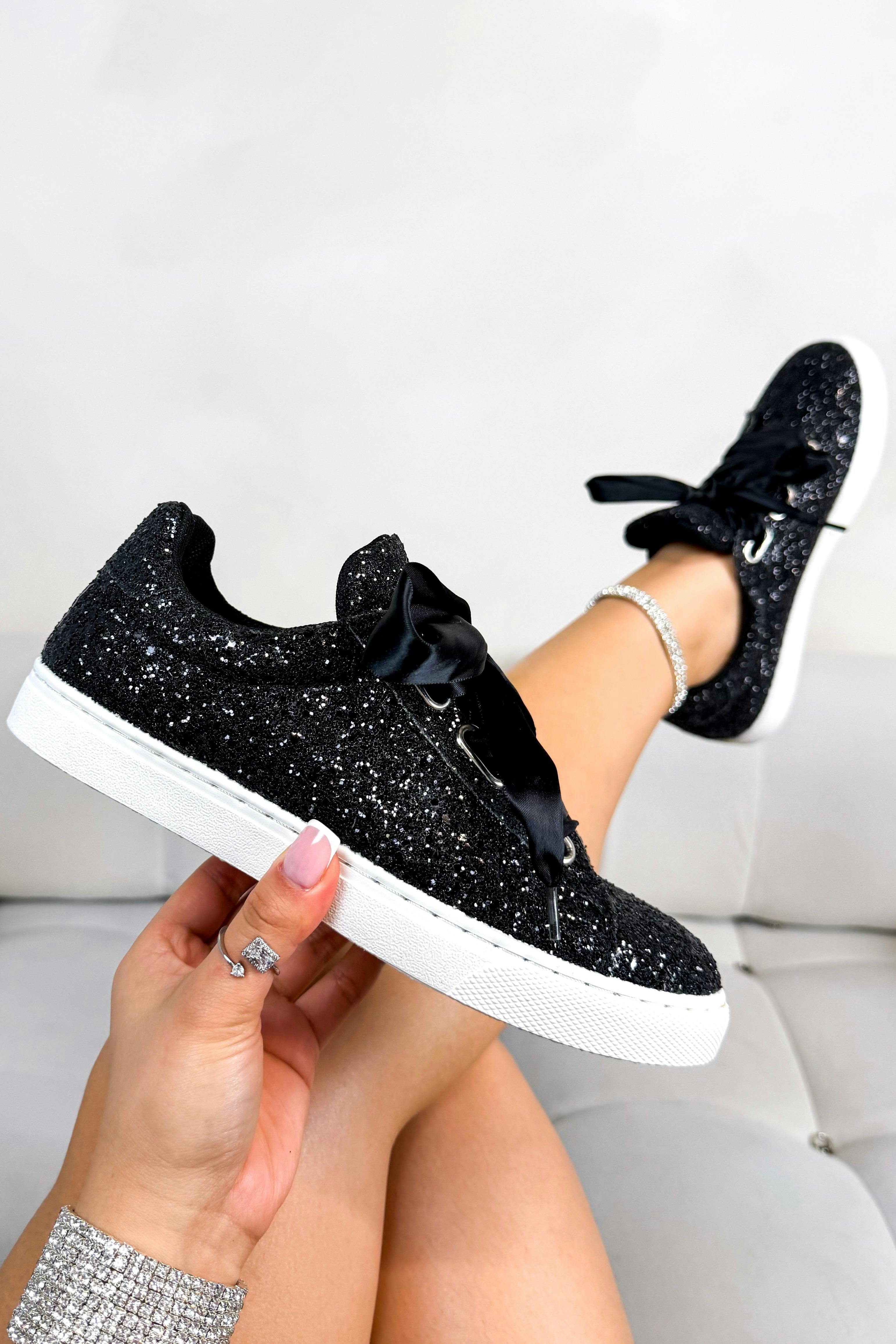 Love Lemonade Women's Black Sparkly Glitter Ribbon Lace Trainers - Uk 4
