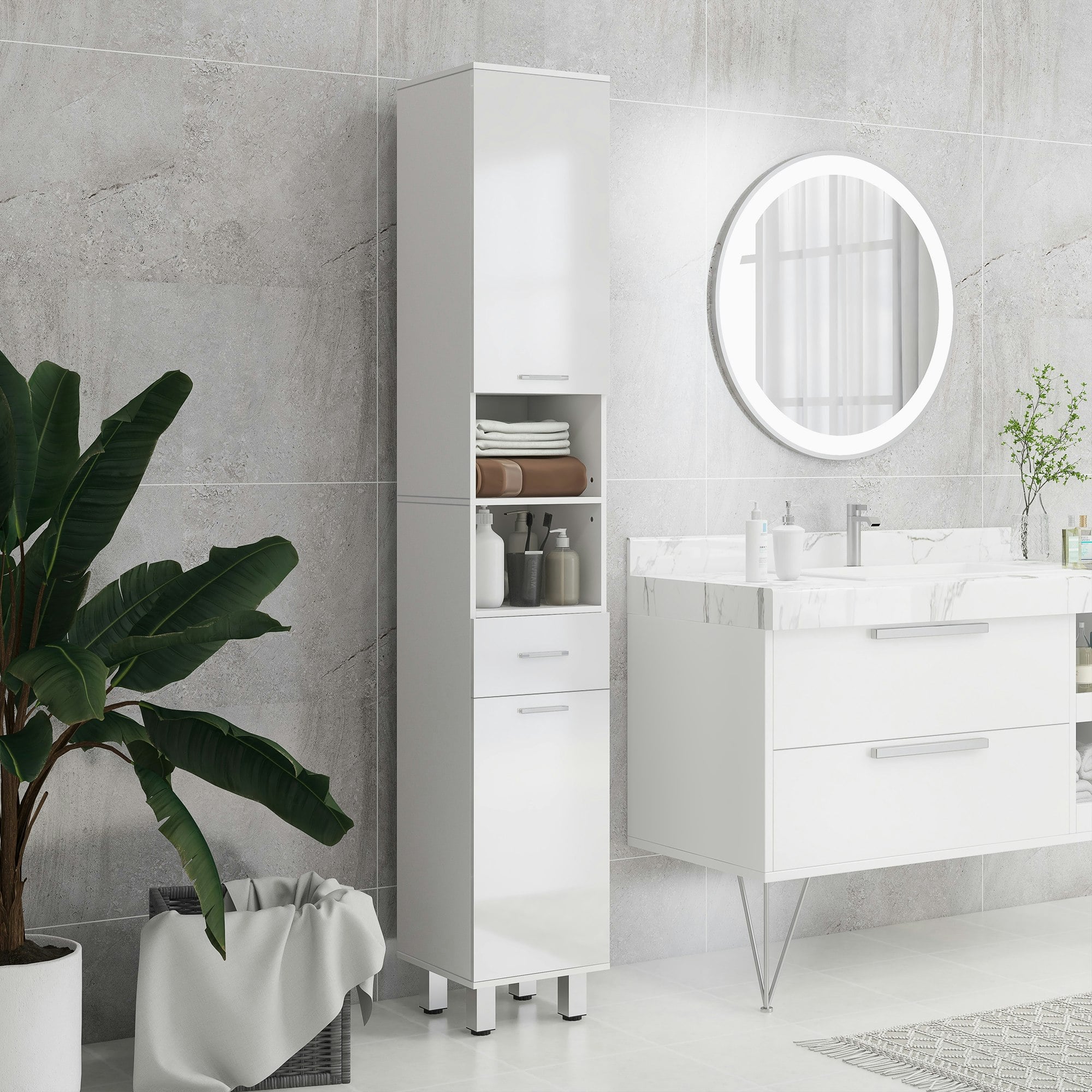 Rackhams White Tall Narrow Bathroom Storage Cabinet Cupboard W/ Cabinets,