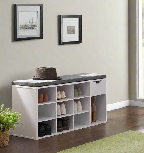 Rackhams White/Grey Shoe Storage Bench With Cushion, Drawer & Open Compartments For Hallway And Bedroom