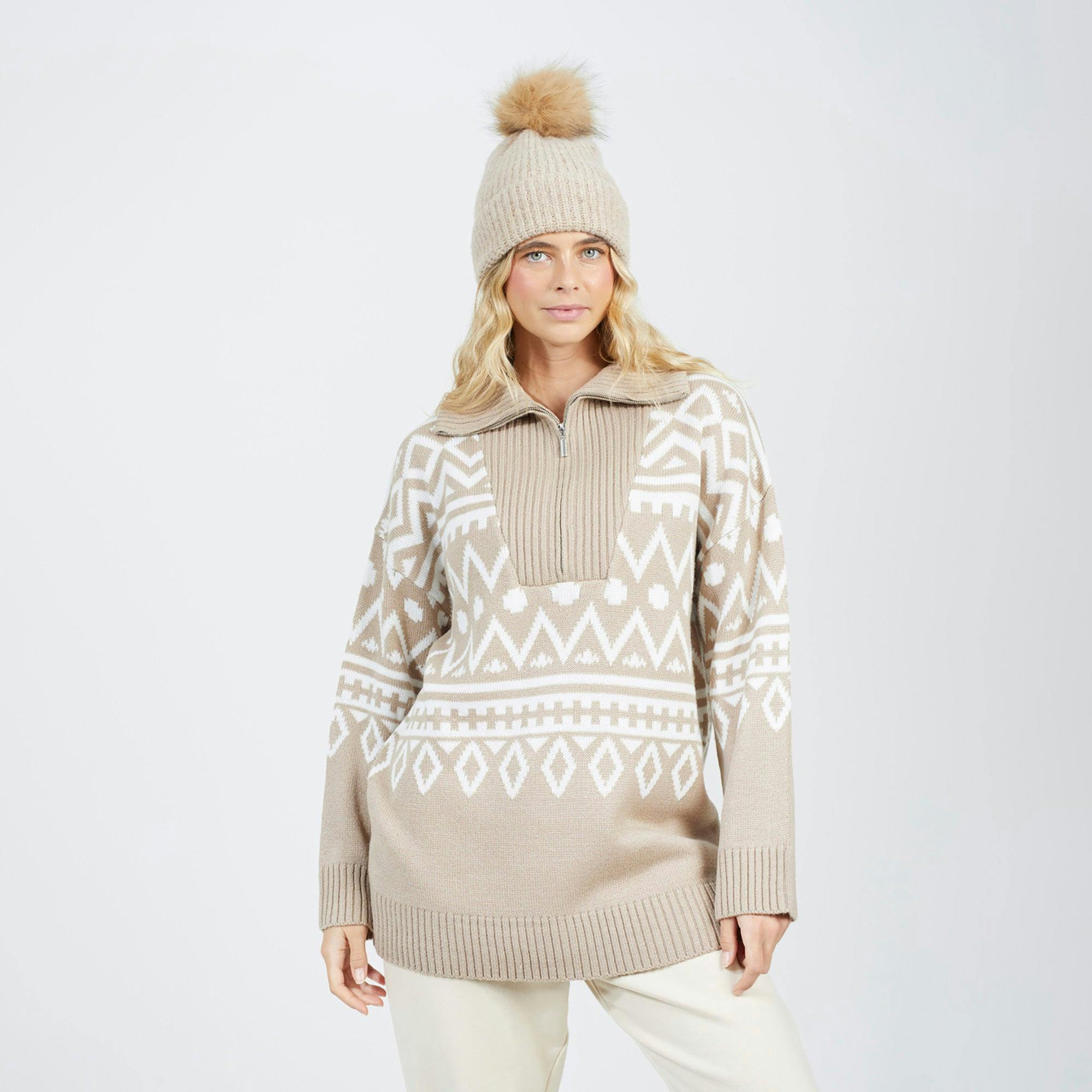 Brave Soul Oversized Zip Neck Knitted Pattern Jumper - Stone - Stone - Xs