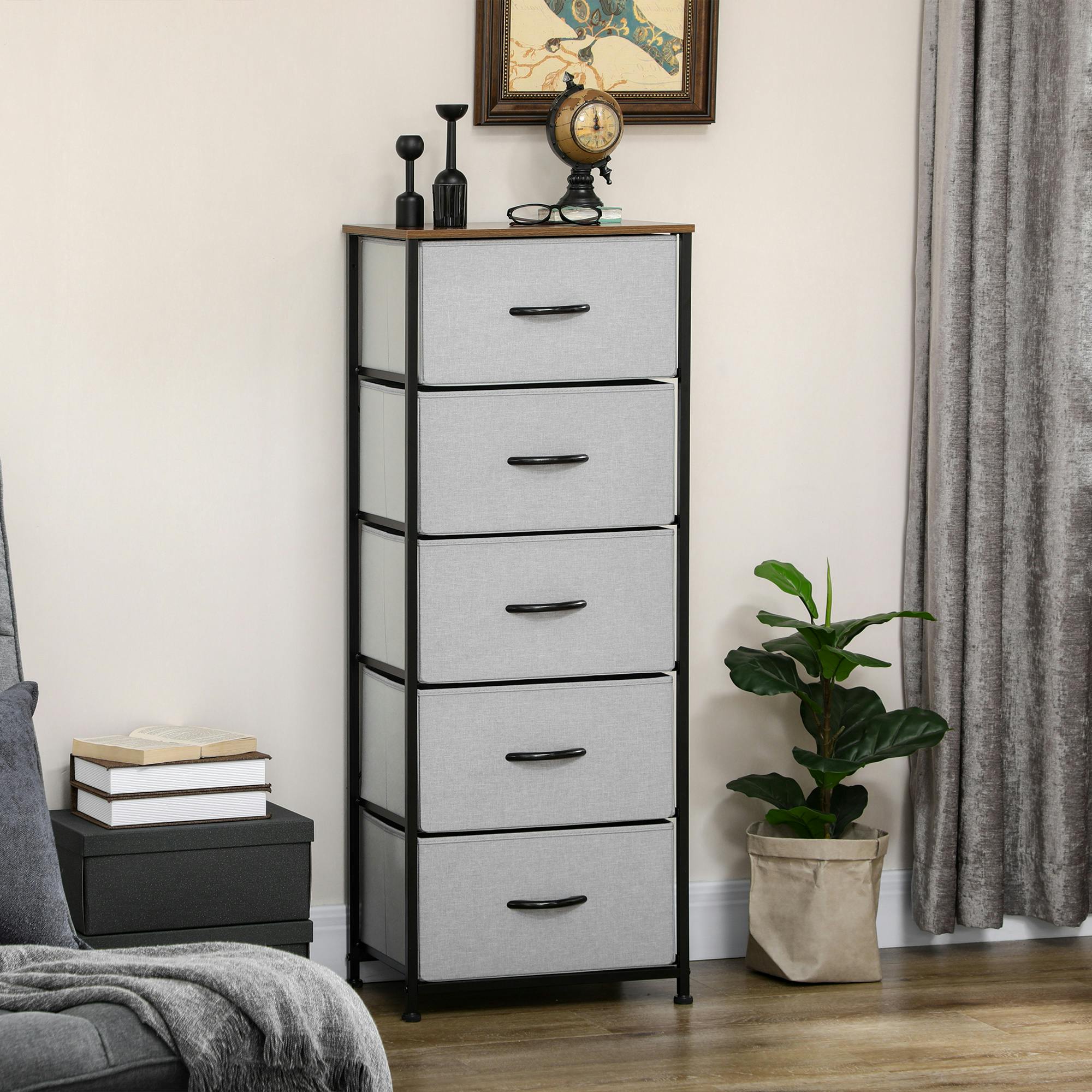Homcom Cream 5 Drawer Fabric Chest Of Drawers W/ Wooden Top For Hallway