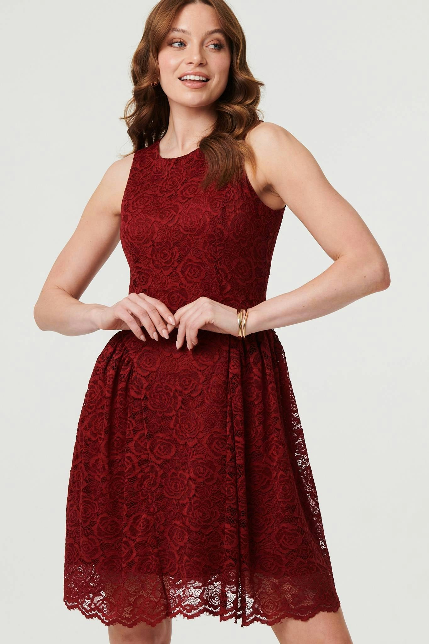 Izabel London Burgundy Lace Layer Sleeveless Short Skater Dress - 18