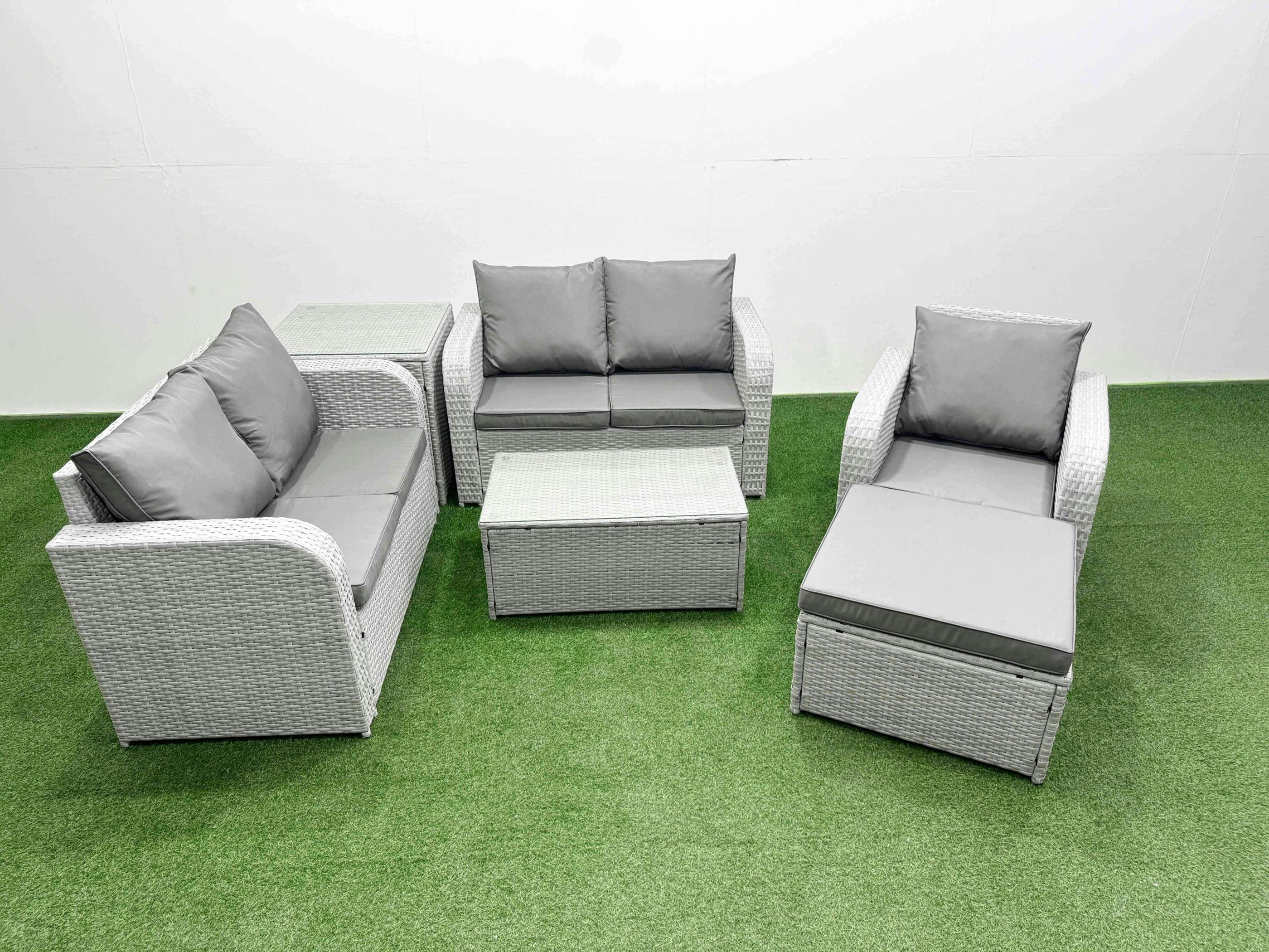 Rackhams Light/Grey High Back Poly Rattan Garden Set, Reclining Loveseat Sofa, Coffee Table, Indoor Outdoor Patio, Big Stool And Side Table,