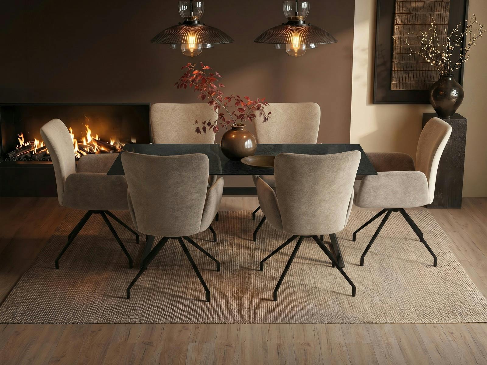 Solace+Co Emil Glass Dining Table With 6 Kora Chairs Set - Black + Brown - Image 2