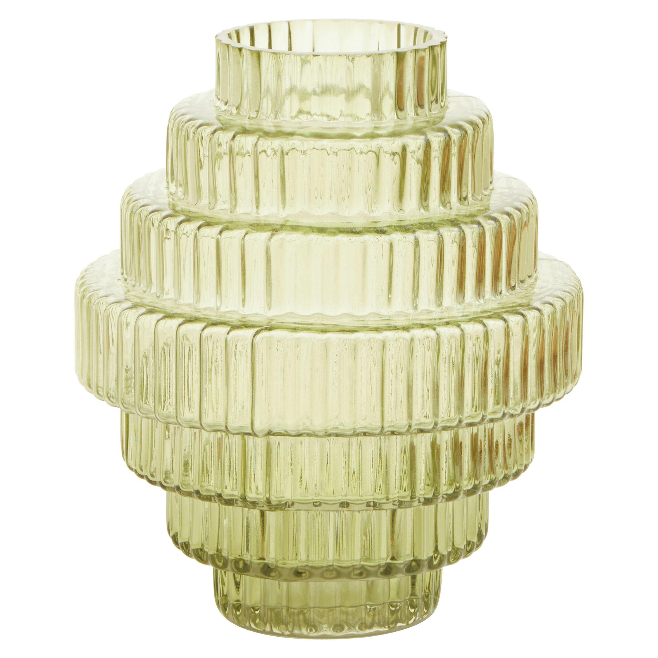 Orsina Unisex Grey Tiered Small Green Glass Vase, Eye Catching Layered Modern Vase, Ribbed Glass Vase, Decorative Vase In - Image 3