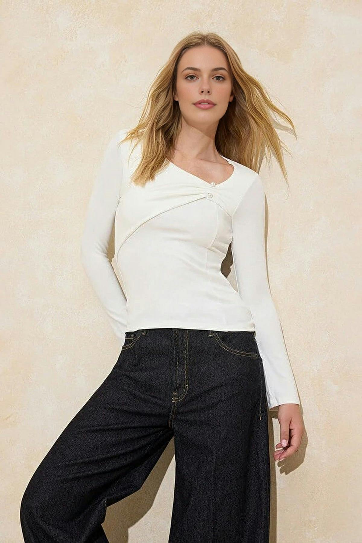 Wovcor Asymmetrical Neckline Knitted Blouse With Accessory Details - Ecru - Xs