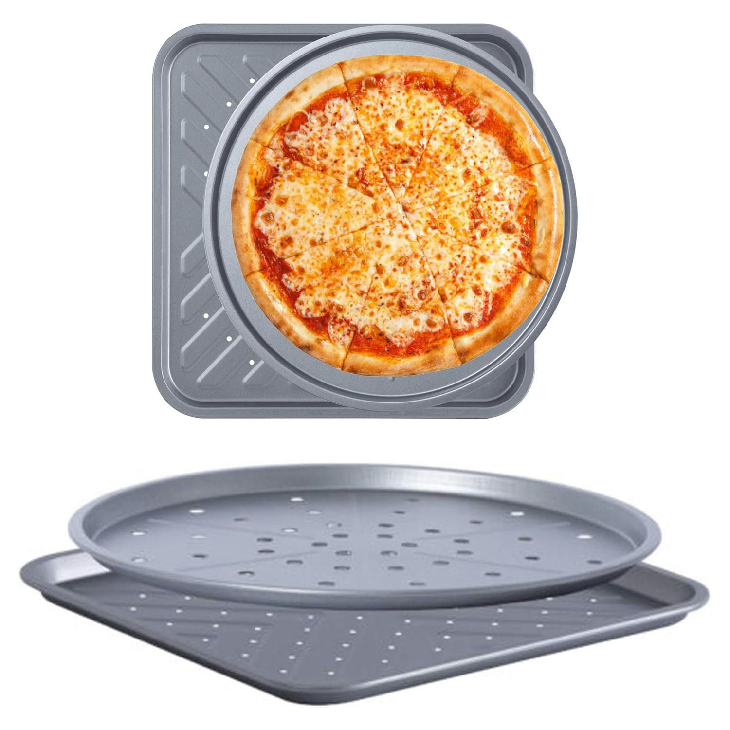Rackhams Pizza Tin & Crisper Tray Set Large 13 Inch (33Cm) 12" Pizzas Non Stick Coating Oven Round Baking Tin For Oven - 1 Set (1 X Pizza Tin & 1 Crisper Tray Set)