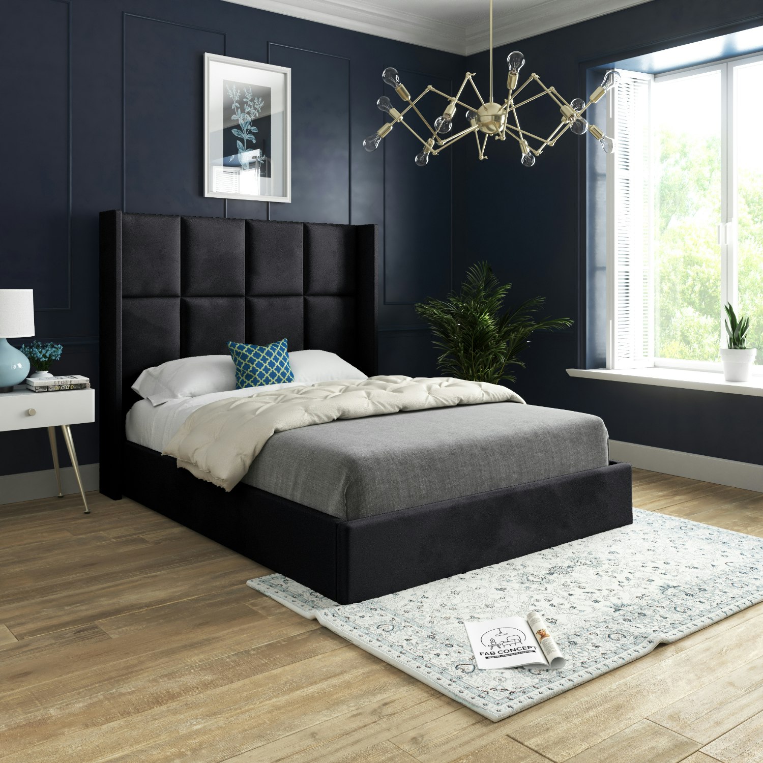 Casa Magna Black Quanta Straight Winged Upholstered Soft Velvet Bed Frame - King