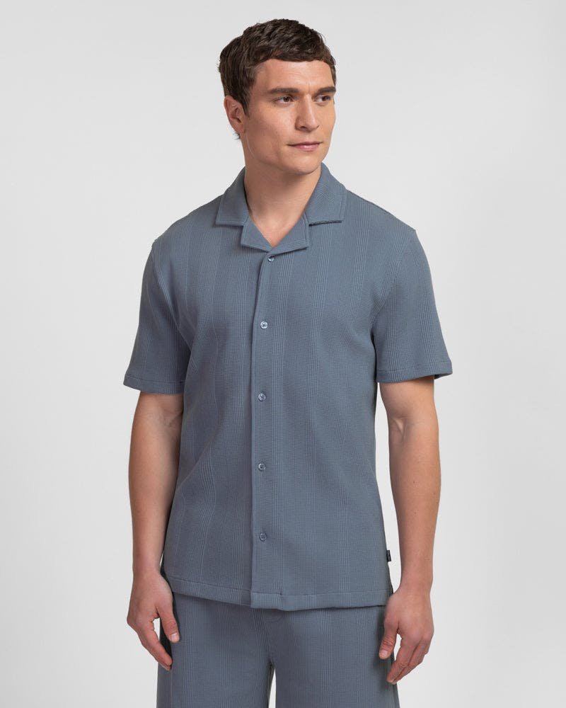 Steel & Jelly Blue Charlton - Stripe Jacquard Waffle Short Sleeve Shirt - M