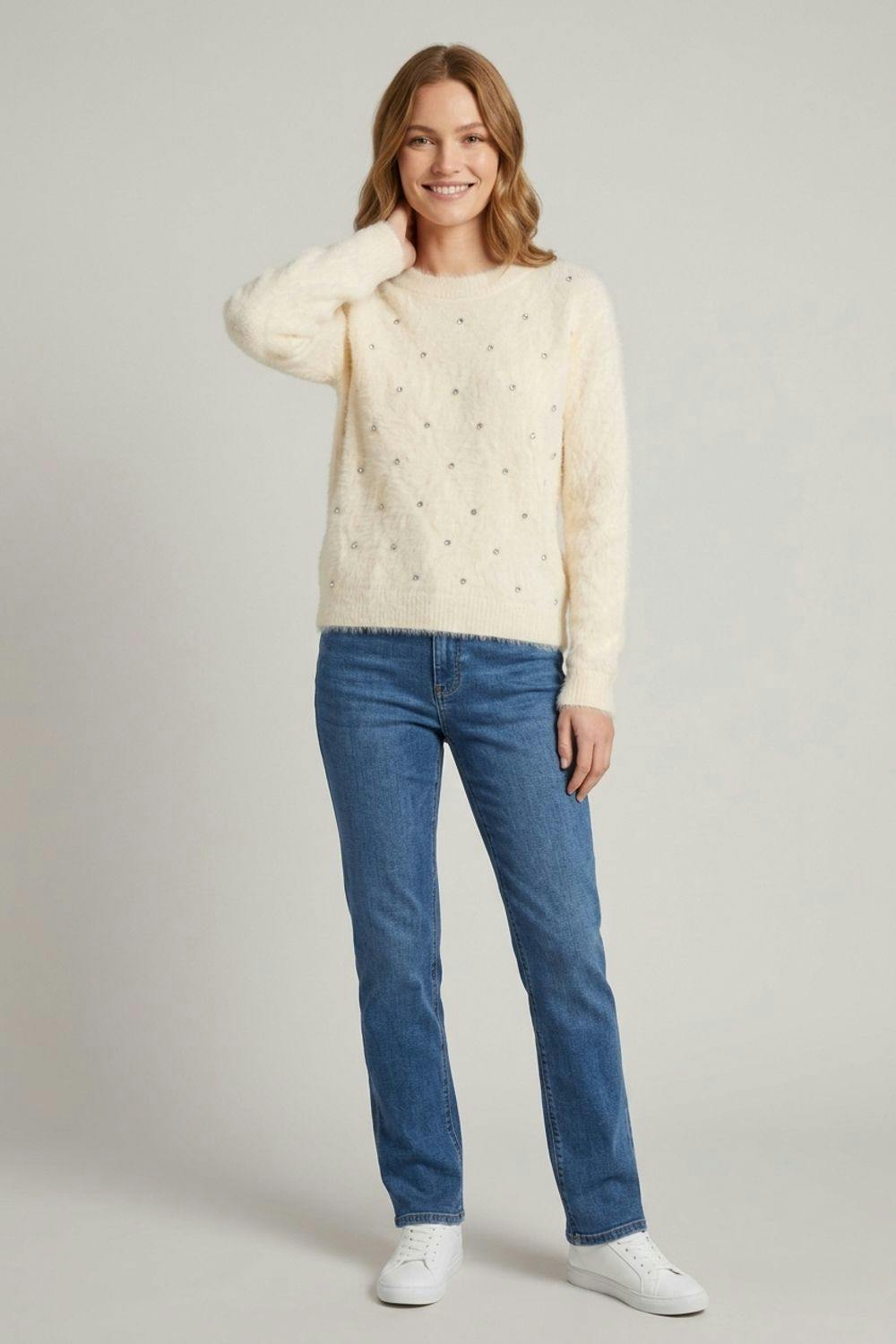 Izabel London Cream Pearl Embellished Soft Texture Jumper - M/L
