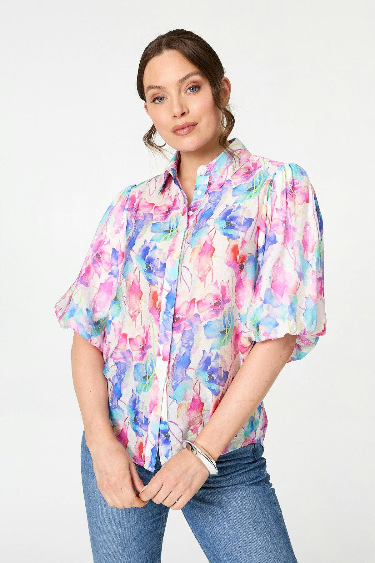 Izabel London Pink Abstract 1/2 Puff Sleeve Boxy Blouse - 8