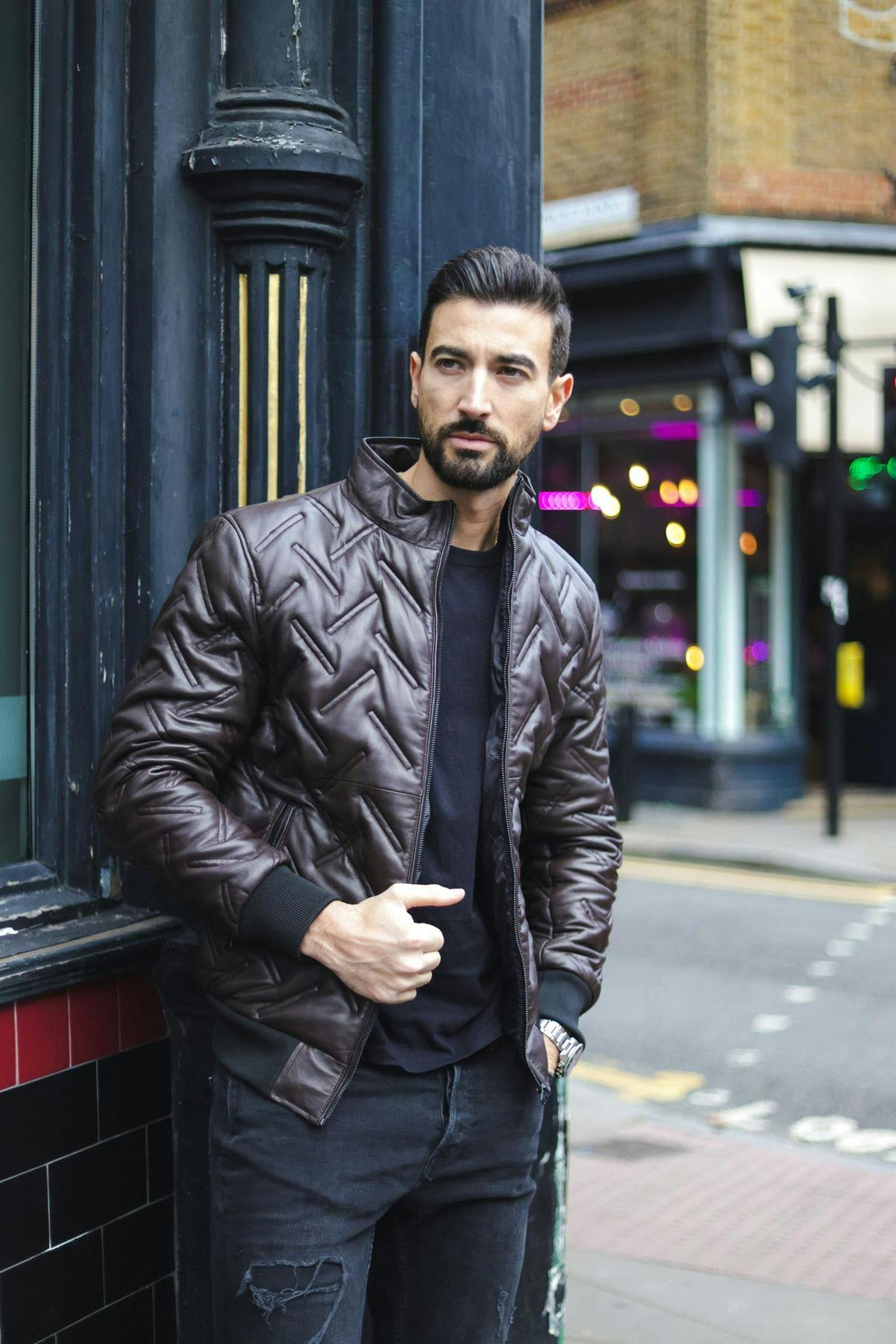 Infinity Leather Men's Brown Quilted Leather Bomber Jacket - Taunton - Uk Xl | Eu 52 | Us 42