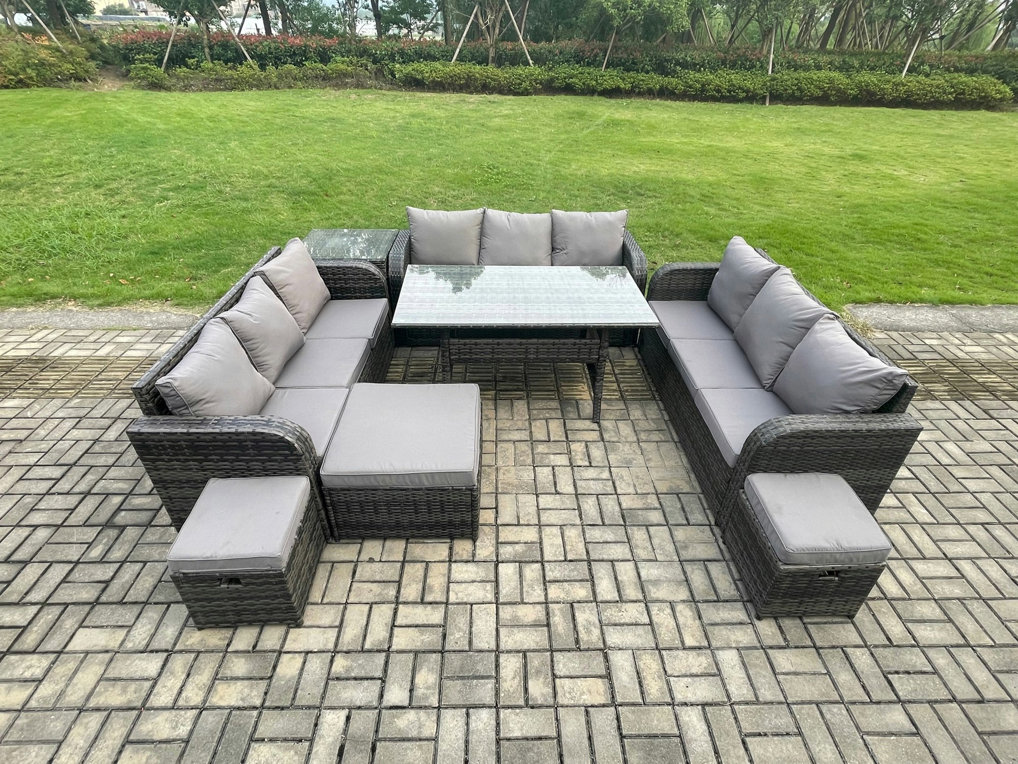 Fimous Dark/Grey Rattan Garden Furniture Set With Oblong Rectangular Dining Table 3 Footstools Side Table 11 Seater Outdoor Lounge Sofa Set Mixed