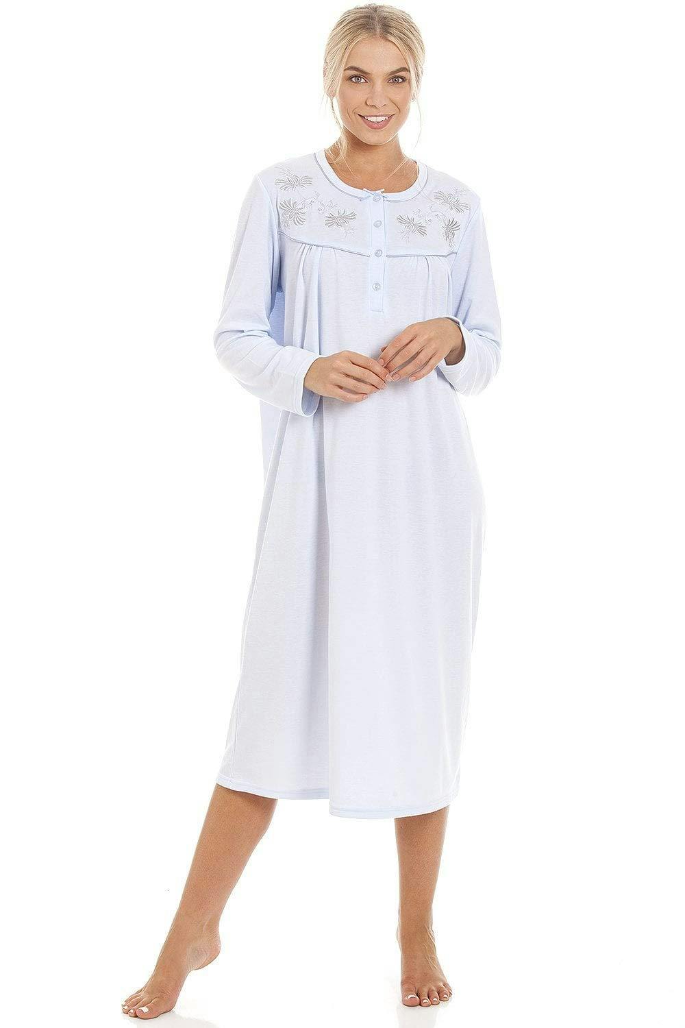 Camille Women's Light/Blue Long Sleeve Nightdress With Embroidery & Buttons - 22-24