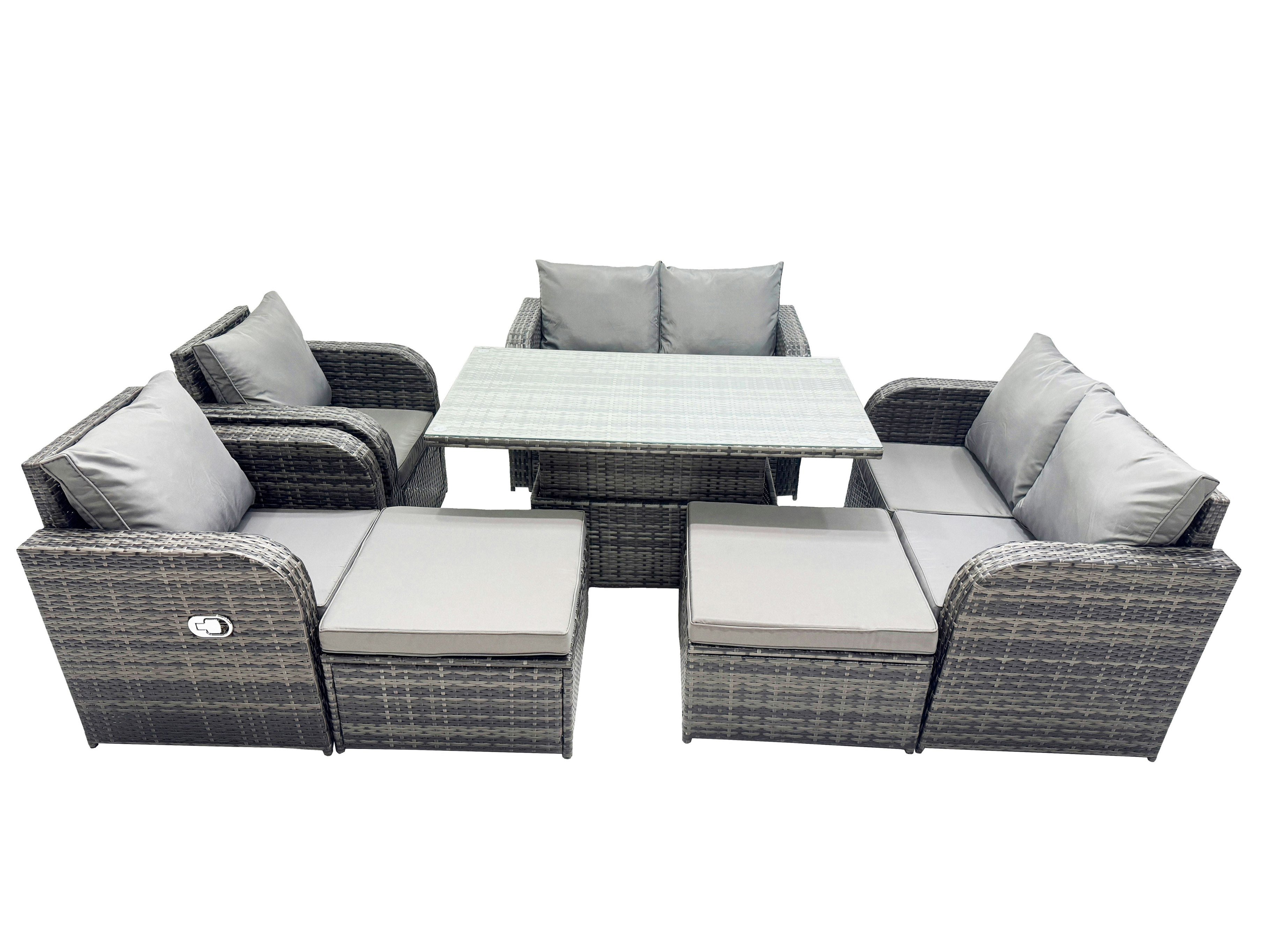 Rackhams Dark/Grey 8 Seater Patio Height Adjustable Rising Lifting Table Sofa Sets Rattan Garden Furniture Dining Set With 2 Big Footstool Mixed