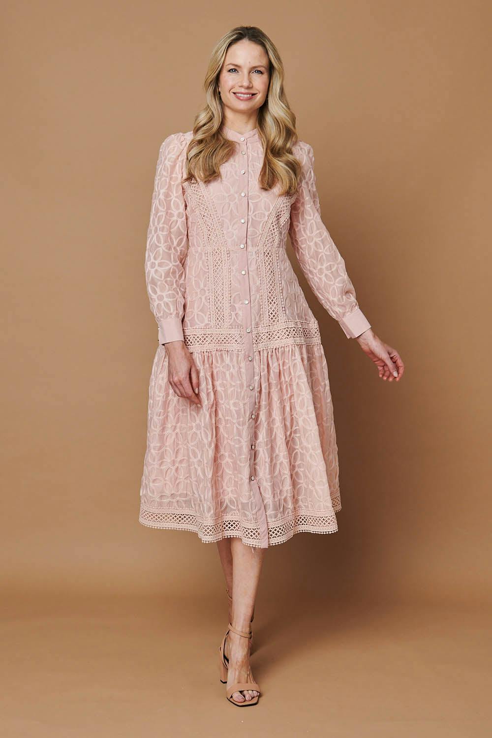 Izabel London Pink Embroidered Lace Long Sleeve Midi Dress - 12